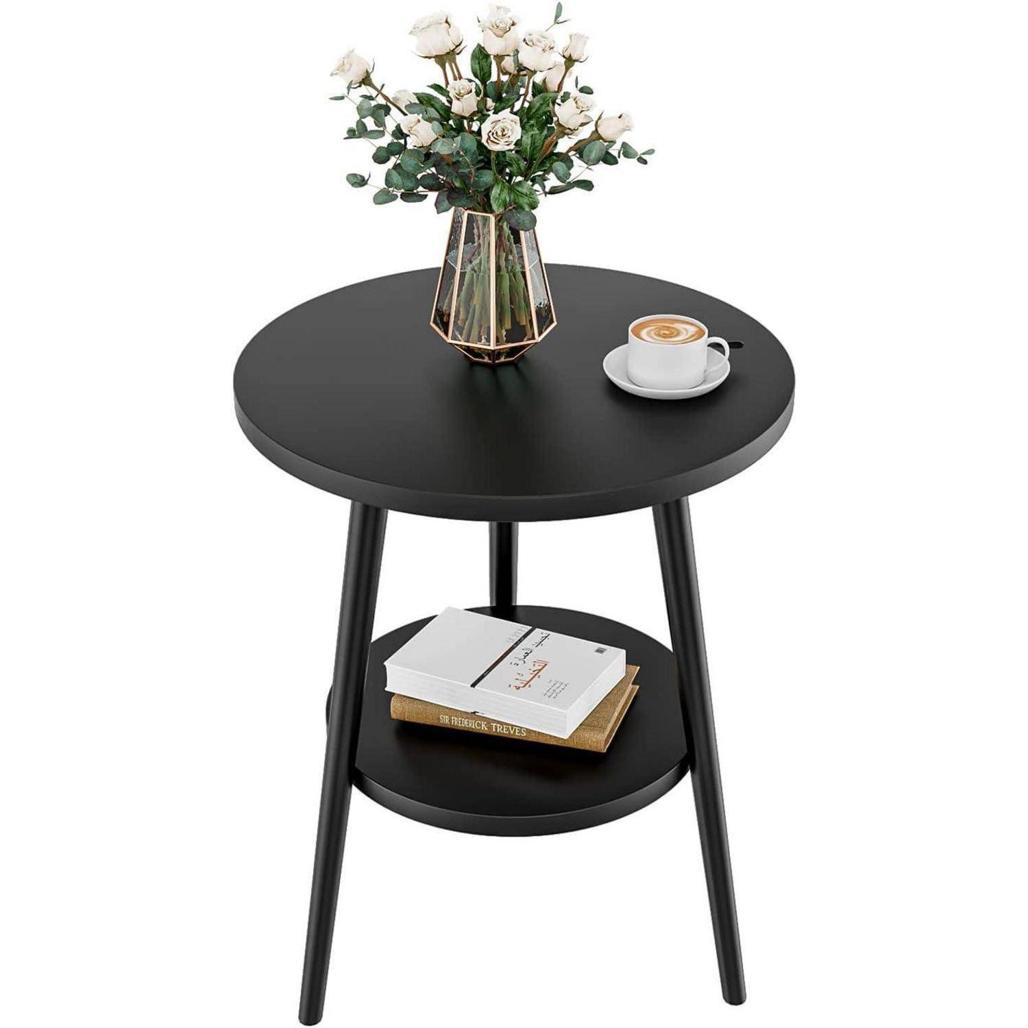 Beistelltisch mit 2 Ablagen rund Holz Stahlgestell 38 x 55cm Schwarz