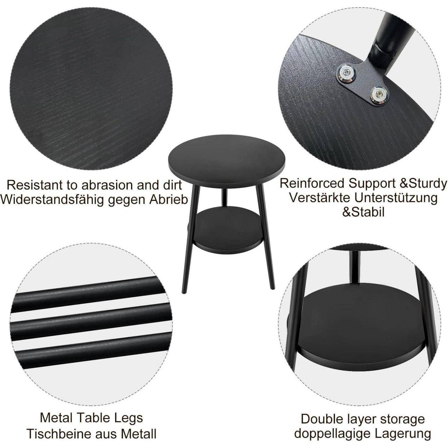 Beistelltisch mit 2 Ablagen rund Holz Stahlgestell 38 x 55cm Schwarz