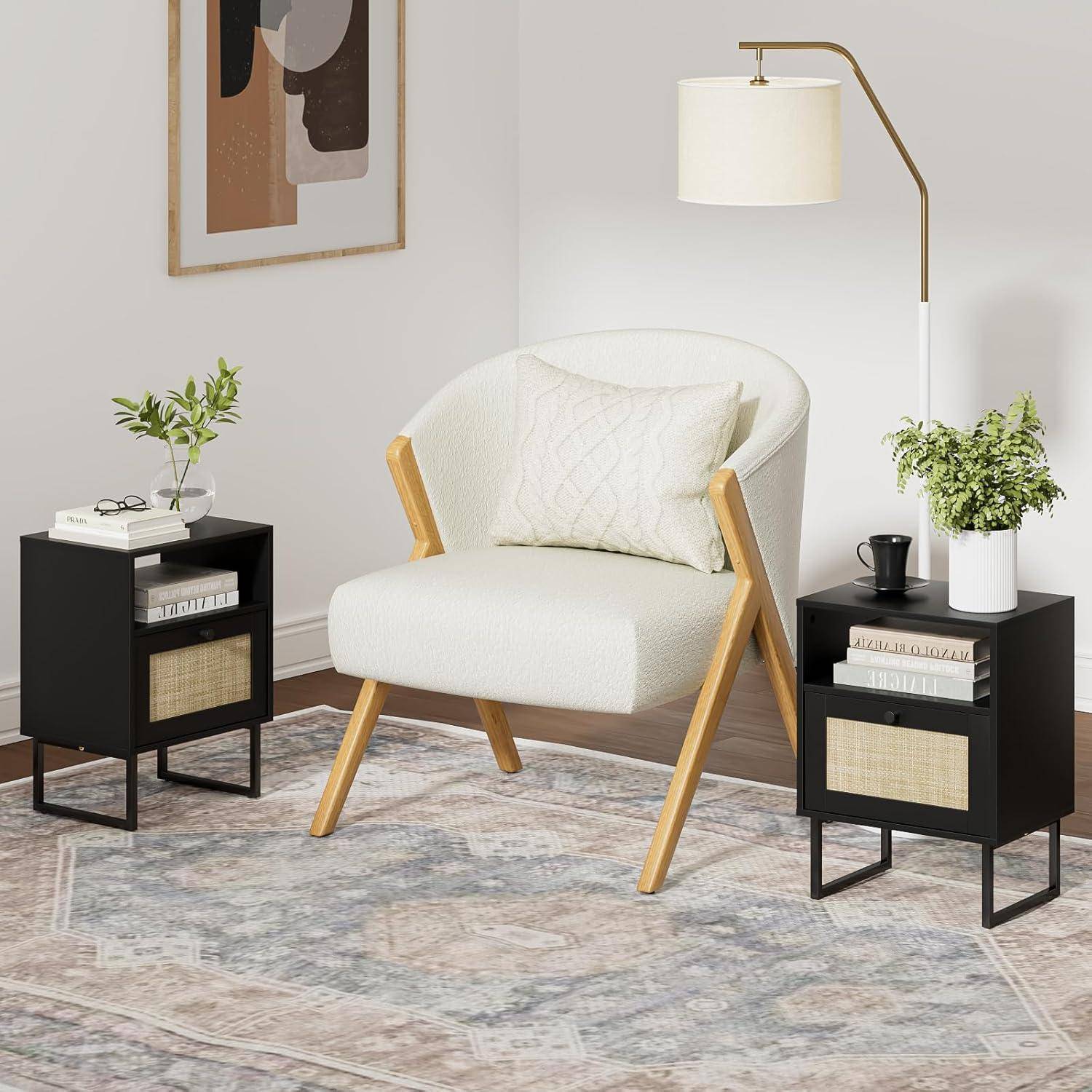 Boho Nachttisch Rattan Bauernholz Schublade Regal Schwarz