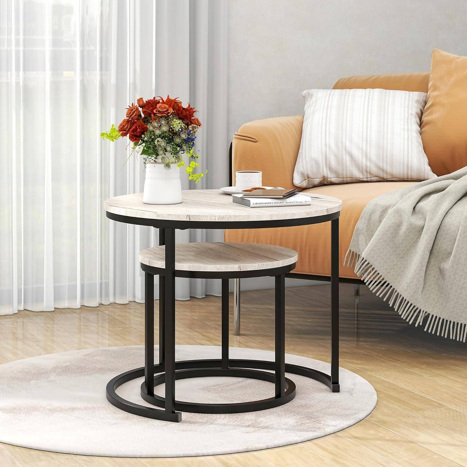 Kleiner Couchtisch 2er-Set weiß stapelbarer Beistelltisch Oak