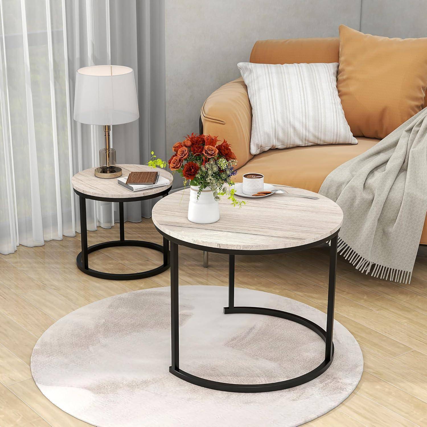 Kleiner Couchtisch 2er-Set weiß stapelbarer Beistelltisch Oak