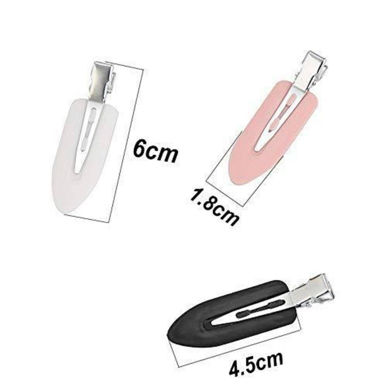 Drei Haarspangen in verschiedenen Farben (weiß, rosa, schwarz) mit Abmessungen: 6 cm, 1,8 cm und 4,5 cm, die unterschiedliche Längen zeigen.