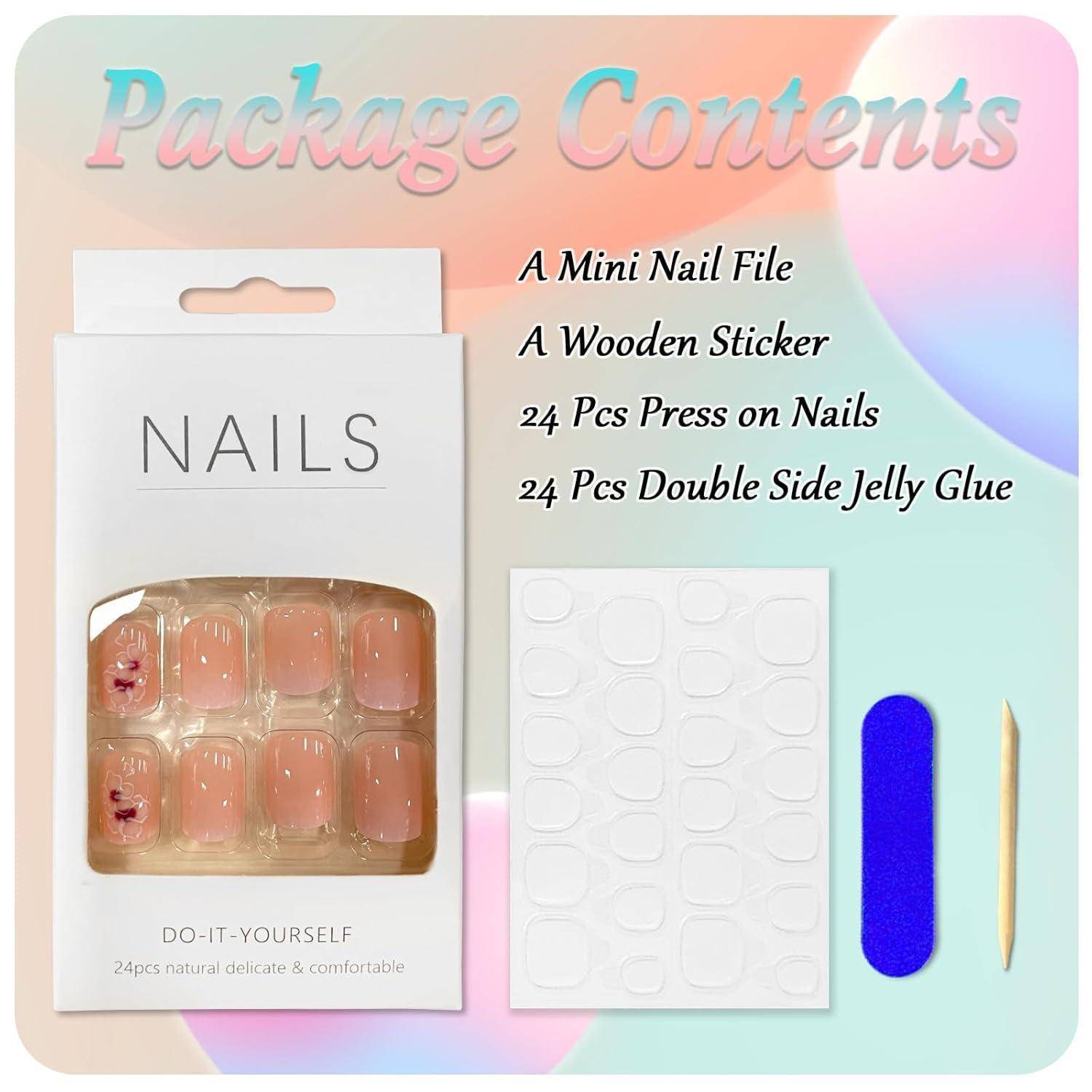 24 Stück Press on Nägel Rosa Gradient Kurz Eckig Glossy Ballerina