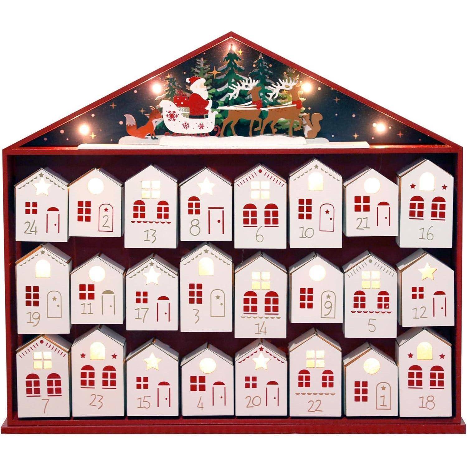 Adventskalender Holz Haus mit LEDs 24 Schubladen zum Befüllen