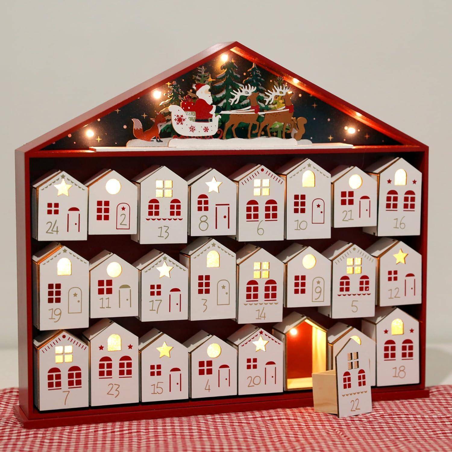 Adventskalender Holz Haus mit LEDs 24 Schubladen zum Befüllen