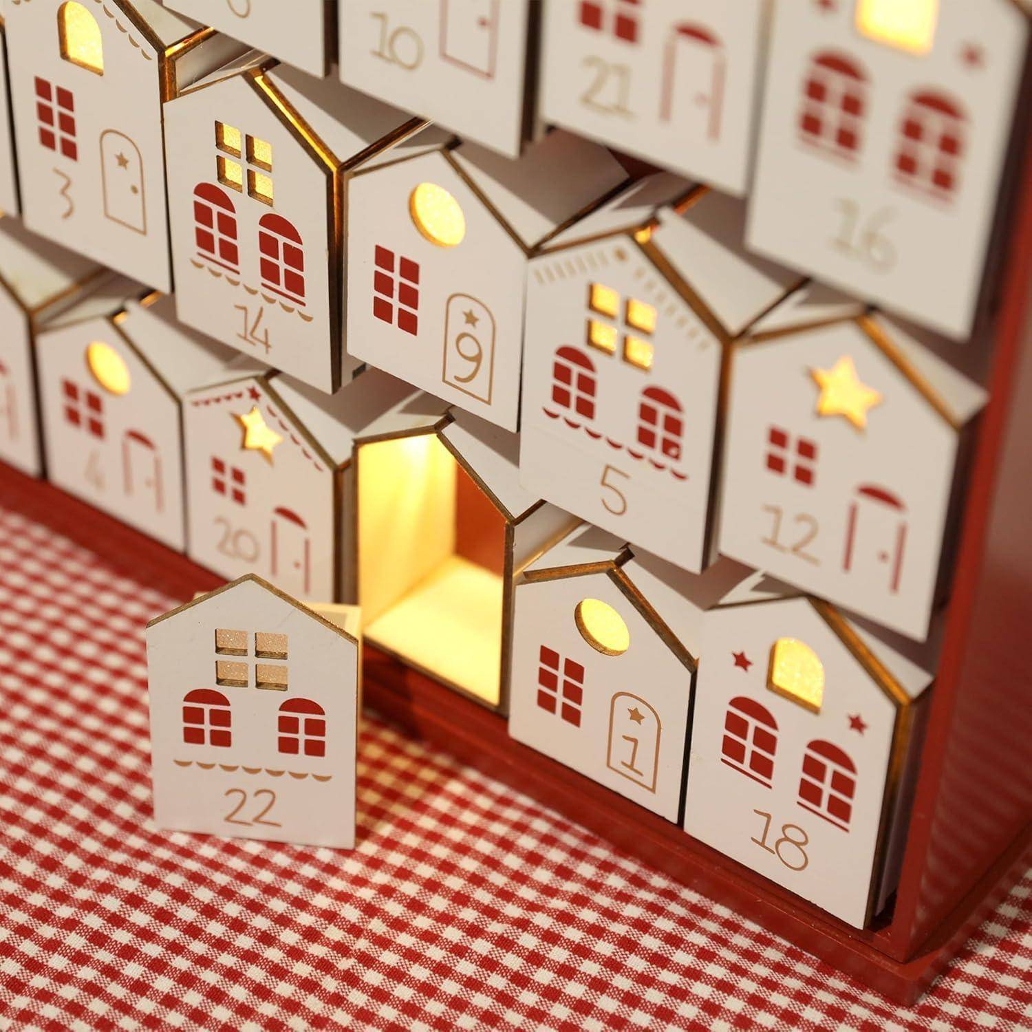 Adventskalender Holz Haus mit LEDs 24 Schubladen zum Befüllen