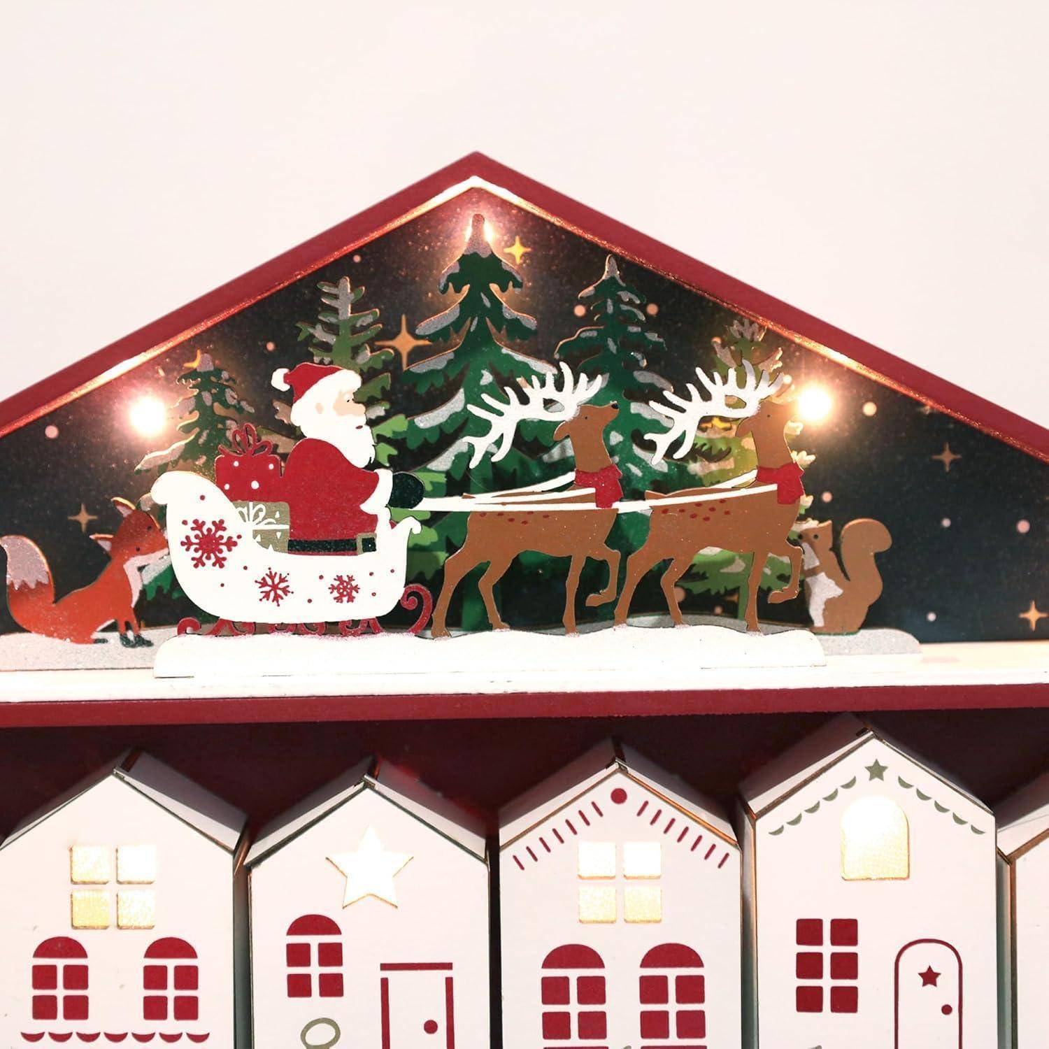 Adventskalender Holz Haus mit LEDs 24 Schubladen zum Befüllen