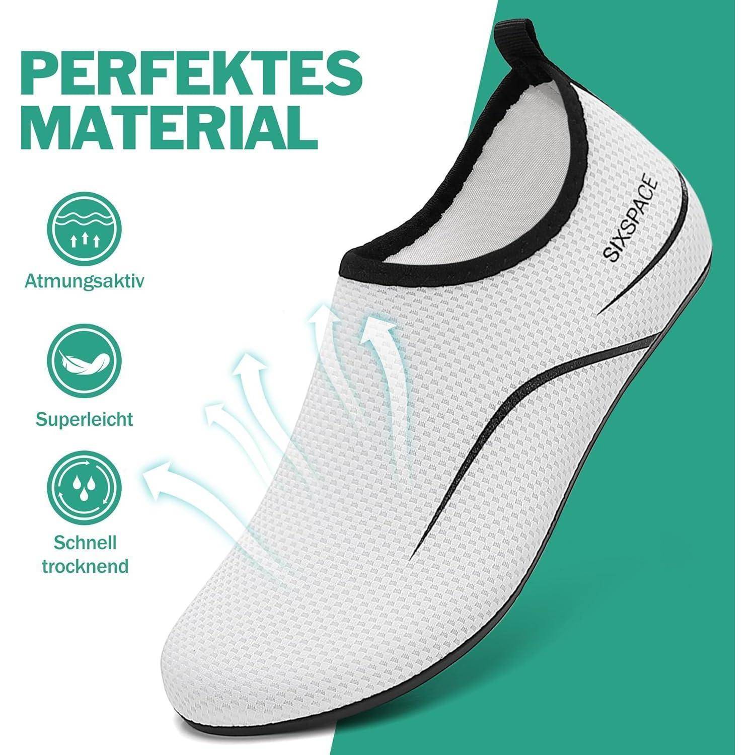 Weißer Slip-on-Schuh mit schwarzem Rand, beschriftet mit ‚SIXSPACE'. Icons heben Merkmale hervor: atmungsaktiv, extrem leicht und schnell trocknend. Deutscher Text liest sich ‚Perfektes Material'.