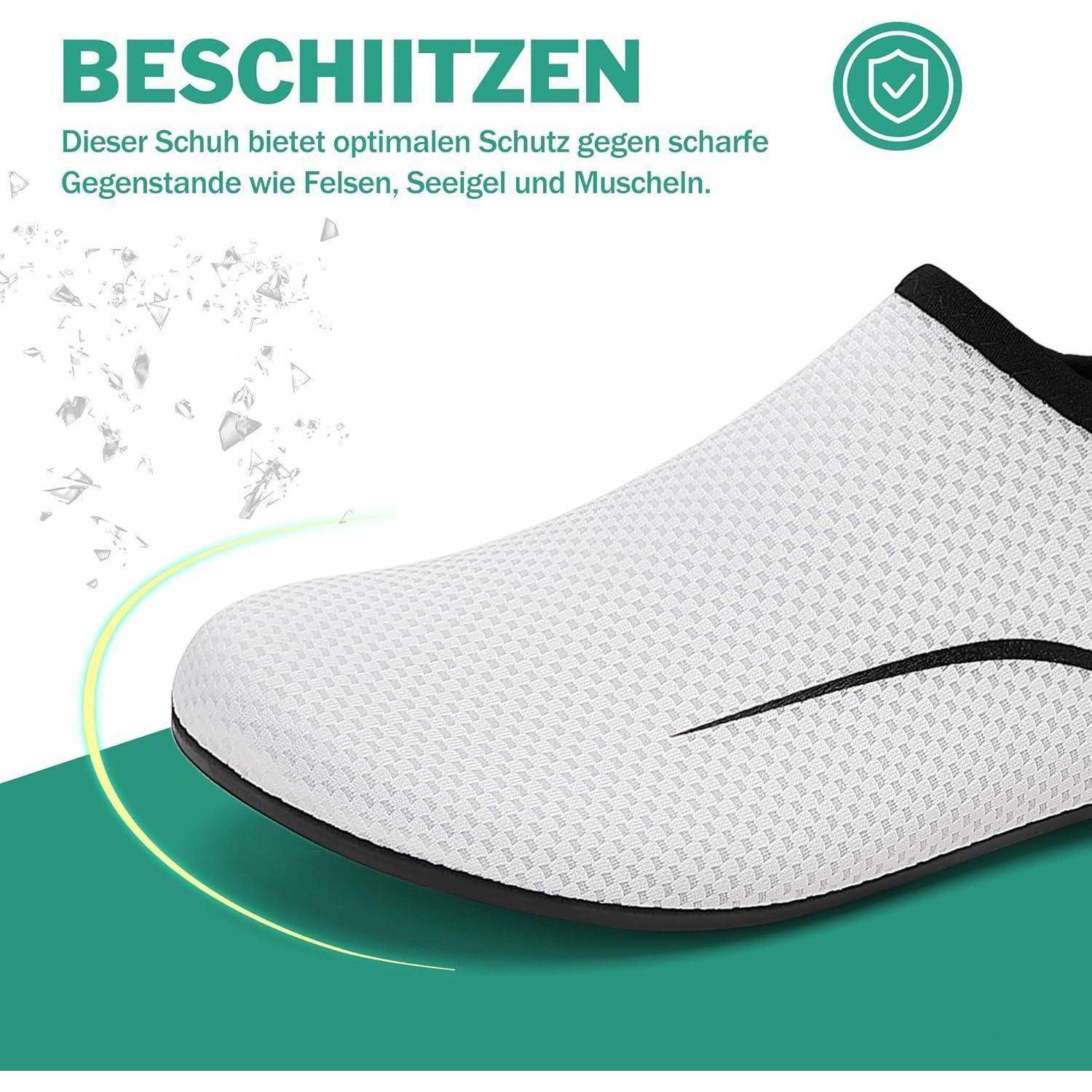 Ein weißer Schuh, der zum Schutz vor scharfen Elementen wie Steinen entwickelt wurde. Der Text betont seine Strapazierfähigkeit und seine schutzschildähnlichen Eigenschaften.