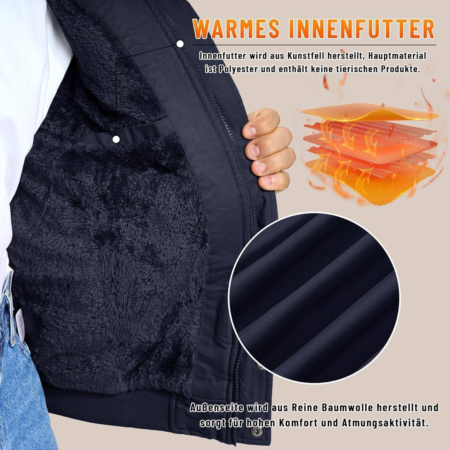 Eine Person trägt eine Jacke mit warmer Innenfütterung, wobei das Material in Nahaufnahme gezeigt wird. Der Text betont Komfort und Atmungsaktivität.