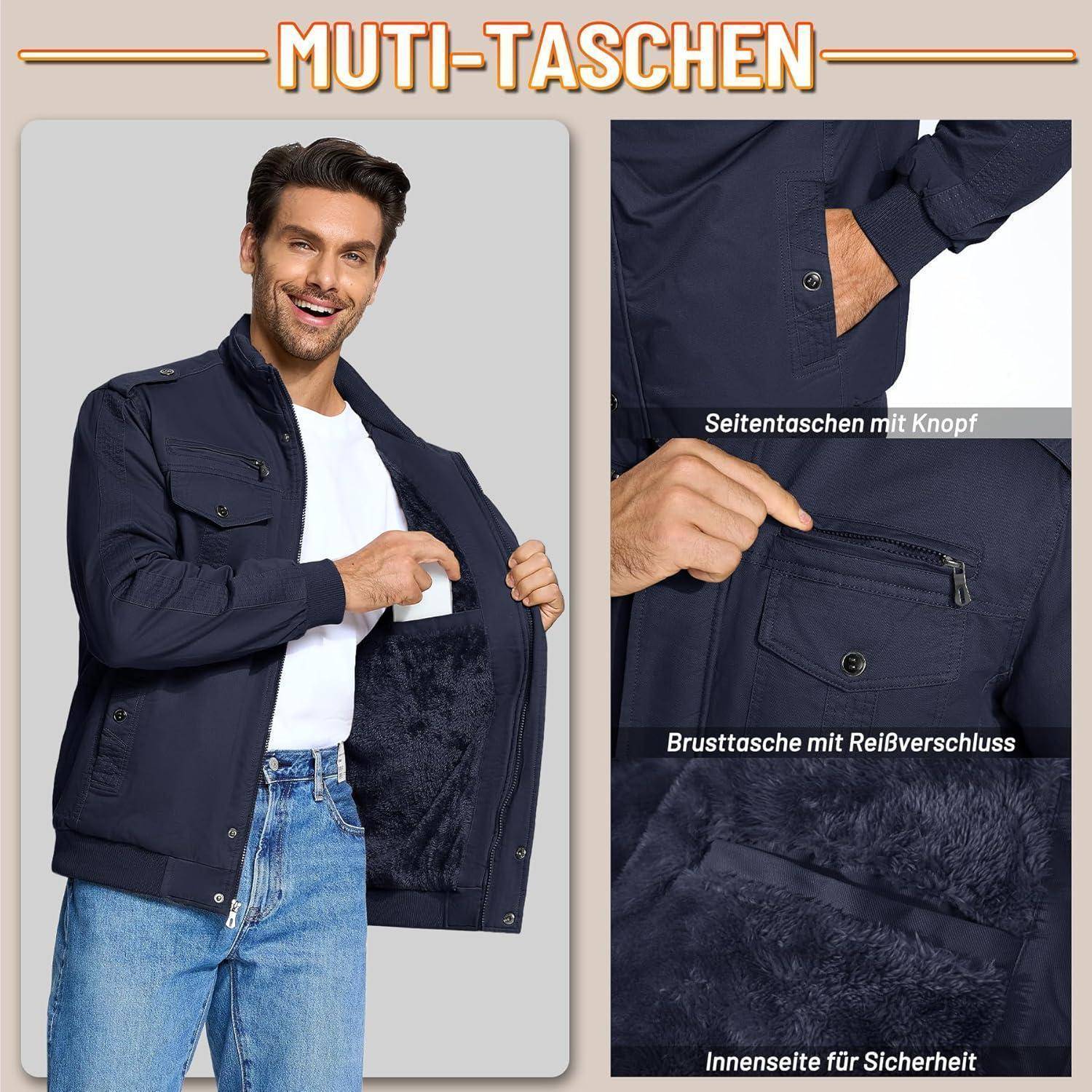 Ein Mann trägt eine marineblaue Jacke mit mehreren Taschen und lächelt. Die Jacke verfügt über eine zugeknöpfte Seitentasche, eine gezippte Brusttasche und eine sichere Innenfutter. Der Text lautet 'MULTI-TASCHEN'.