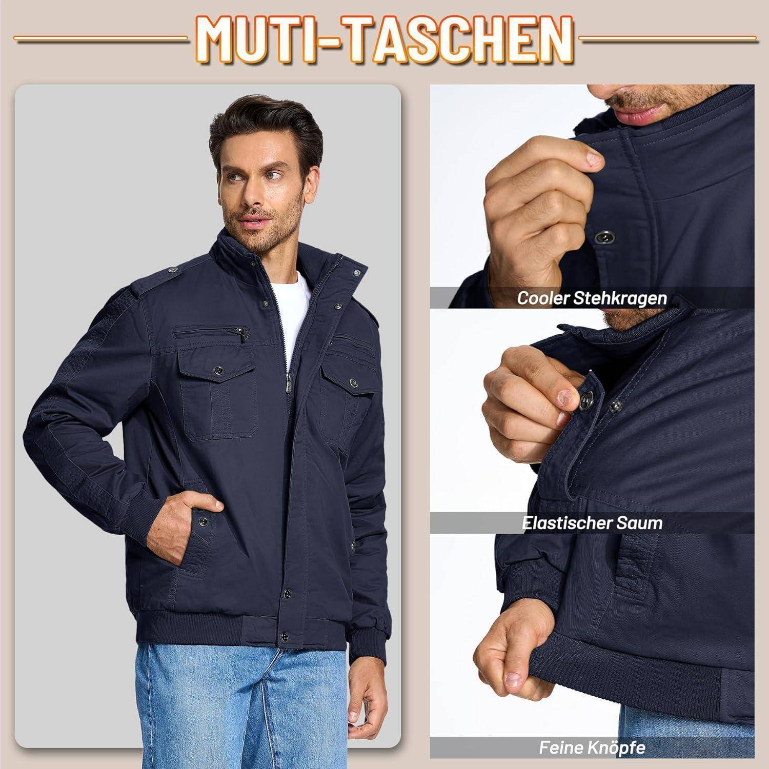 Ein Mann trägt eine dunkle Jacke mit mehreren Merkmalen, darunter ein Stehkragen, elastischer Saum und feine Knöpfe. Text oben liest sich 'MULTI-TASCHEN'.