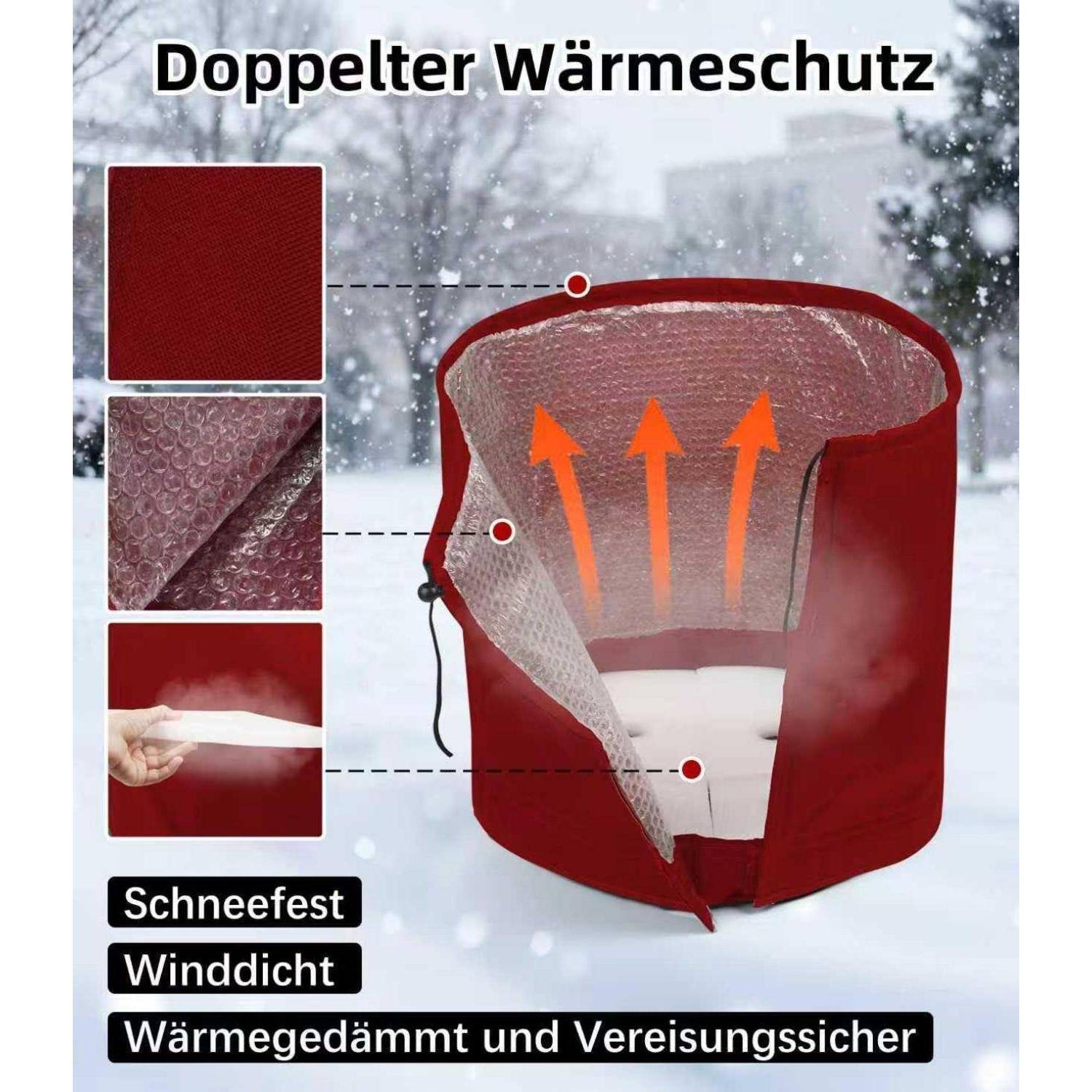 Eine rote isolierende Abdeckung mit Luftpolsterfolienfüllung, Pfeile, die die Wärmespeicherung anzeigen. Der Text hebt die Schneeresistenz und winddichte Eigenschaften hervor.