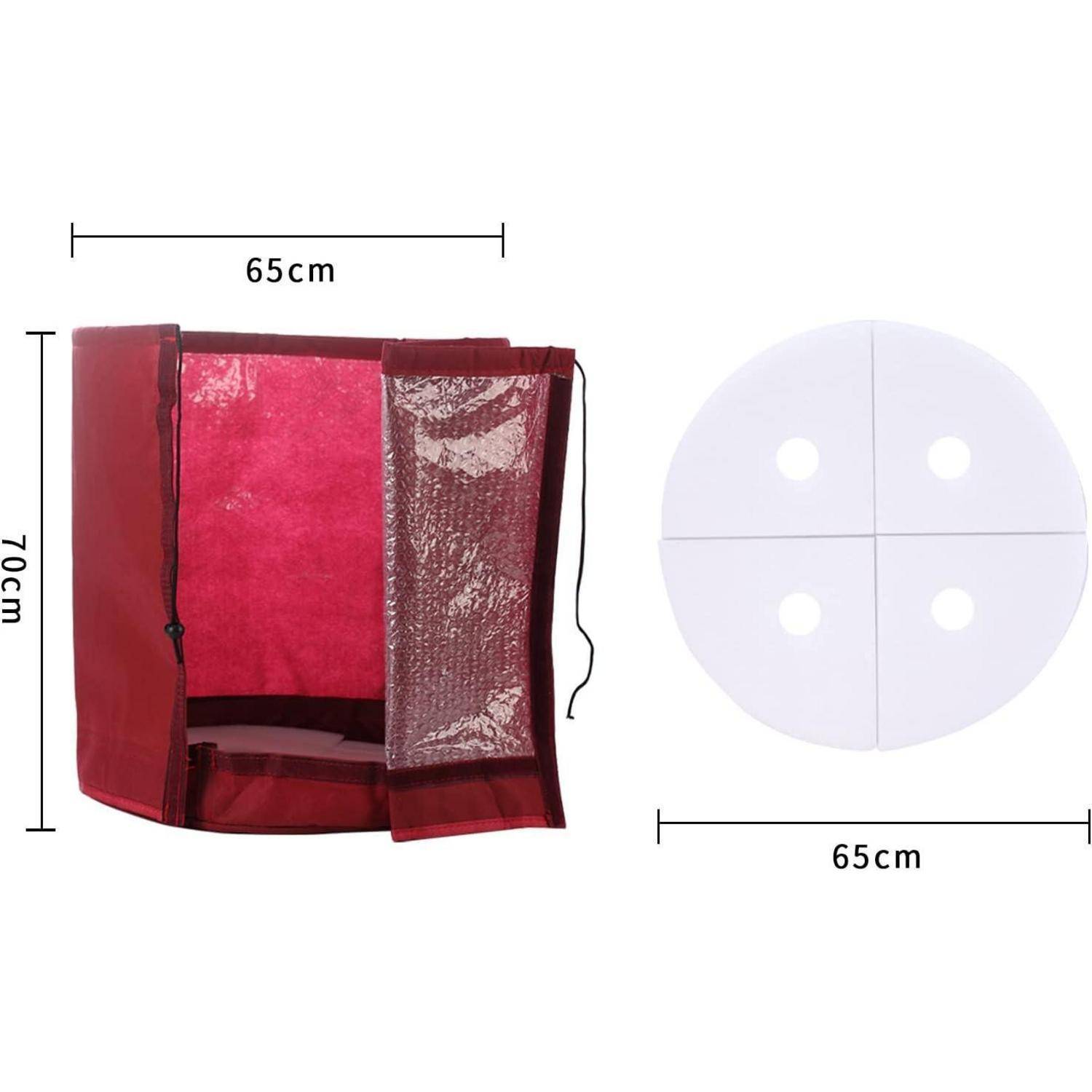 Ein zusammenklappbares rotes Gewächszelt mit reflektierender Innenseite und einem gezippten Eingang, in allen Dimensionen 65 cm messend, daneben eine runde Schaumstoffmatte mit vier Aussparungen.