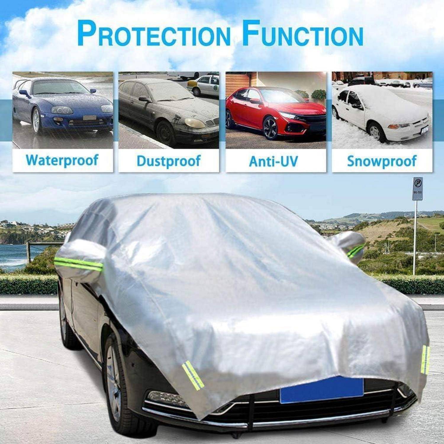 Ein Auto, das mit einem Schutzüberzug bedeckt ist und Eigenschaften wie ‚Wasserdicht', ‚Staubdicht', ‚UV-beständig' und ‚Schneefest' aufweist.