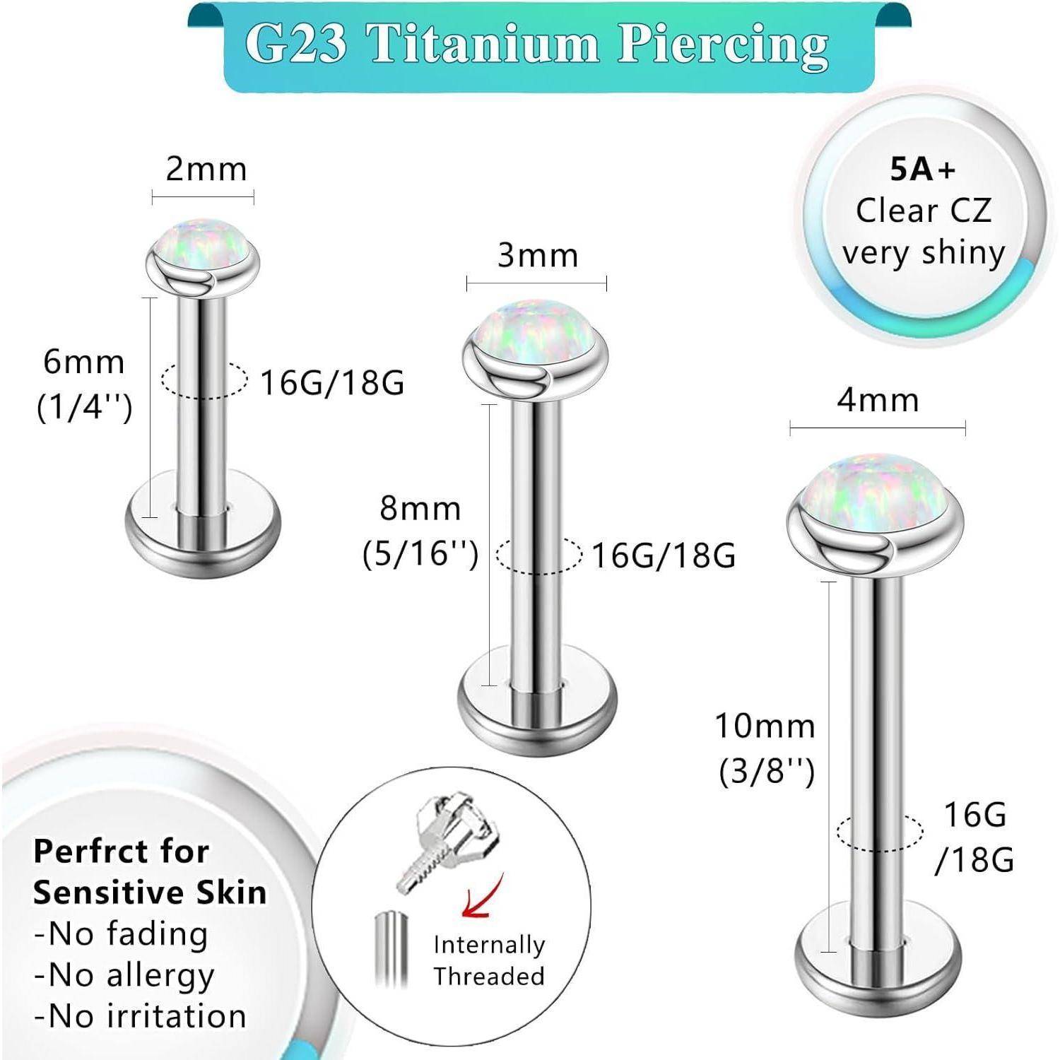 Piercing Tragus Helix Labret G23 Silber Opal Bar Dicke (16g) 1.2mm