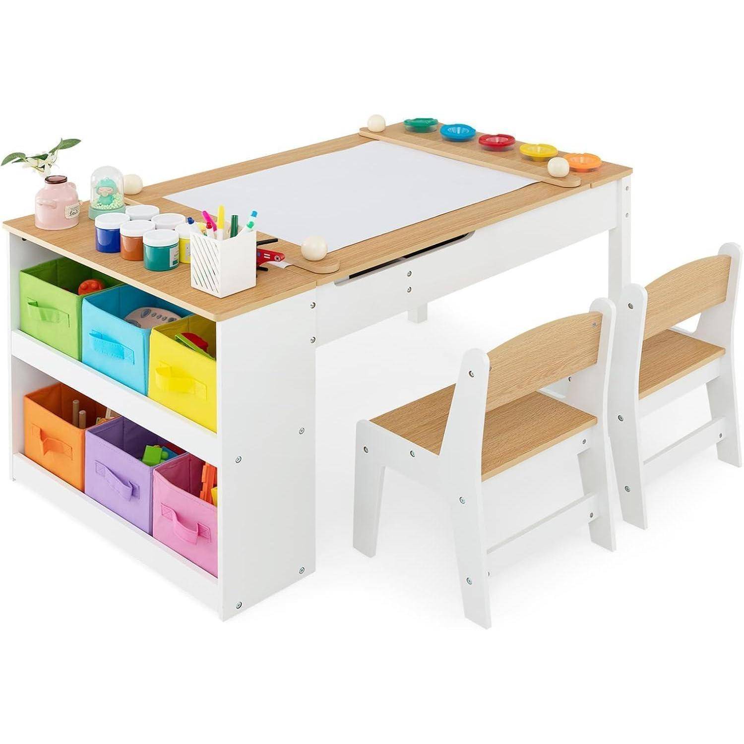 Kindertisch 3in1 2 Stühle Holz Maltisch 6 Natur mit 2 Ablagen