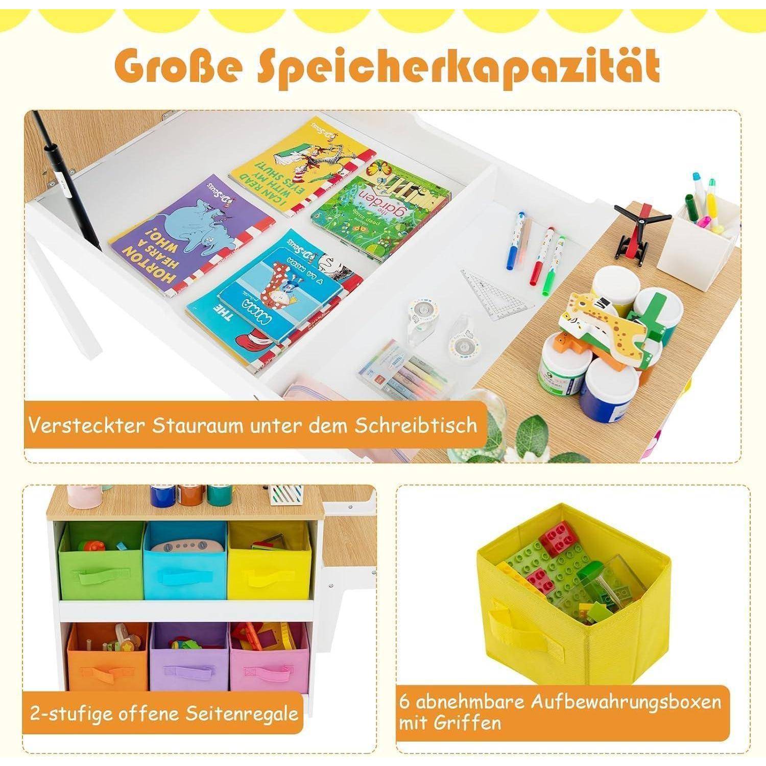 Kindertisch 3in1 2 Stühle Holz Maltisch 6 Natur mit 2 Ablagen