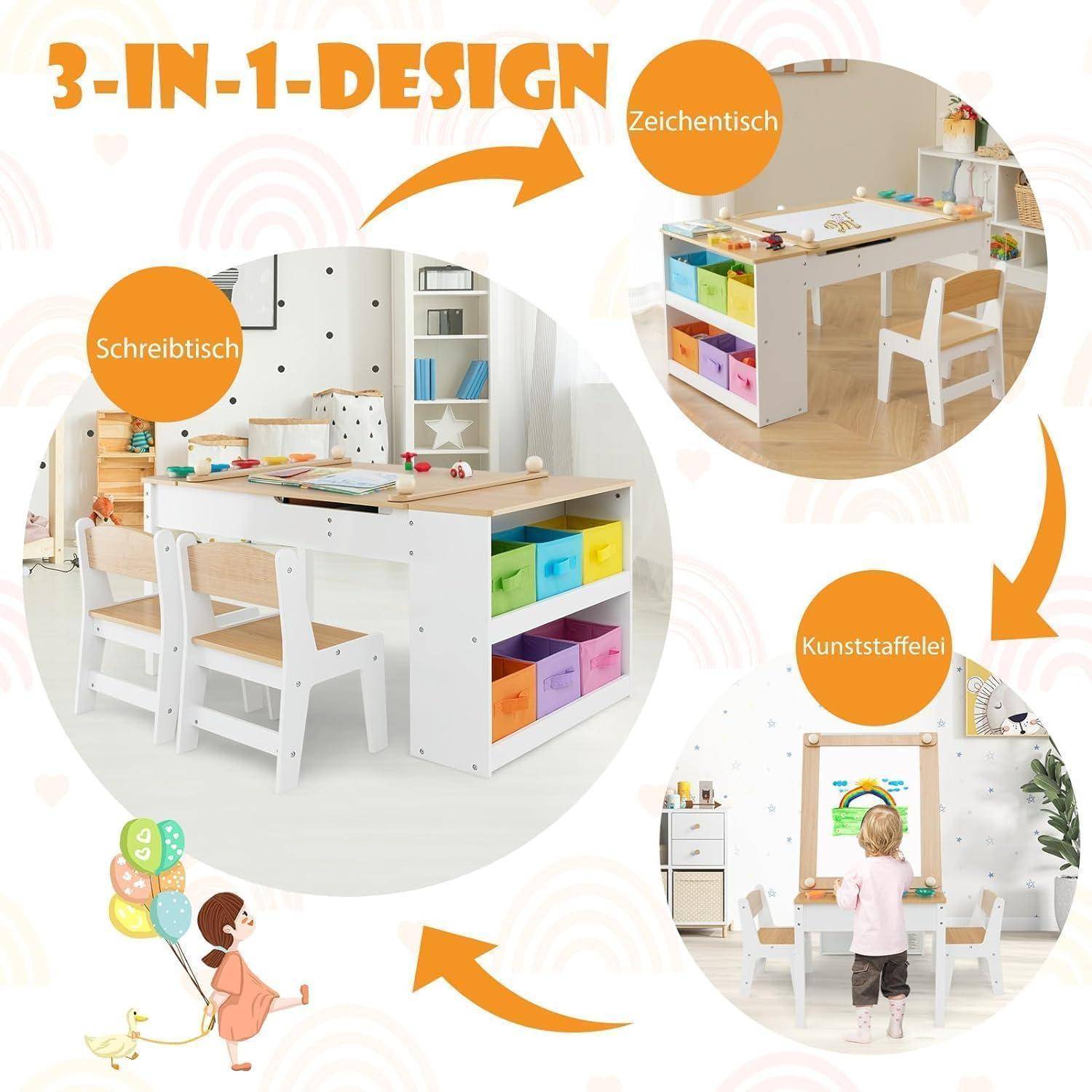 Kindertisch 3in1 2 Stühle Holz Maltisch 6 Natur mit 2 Ablagen