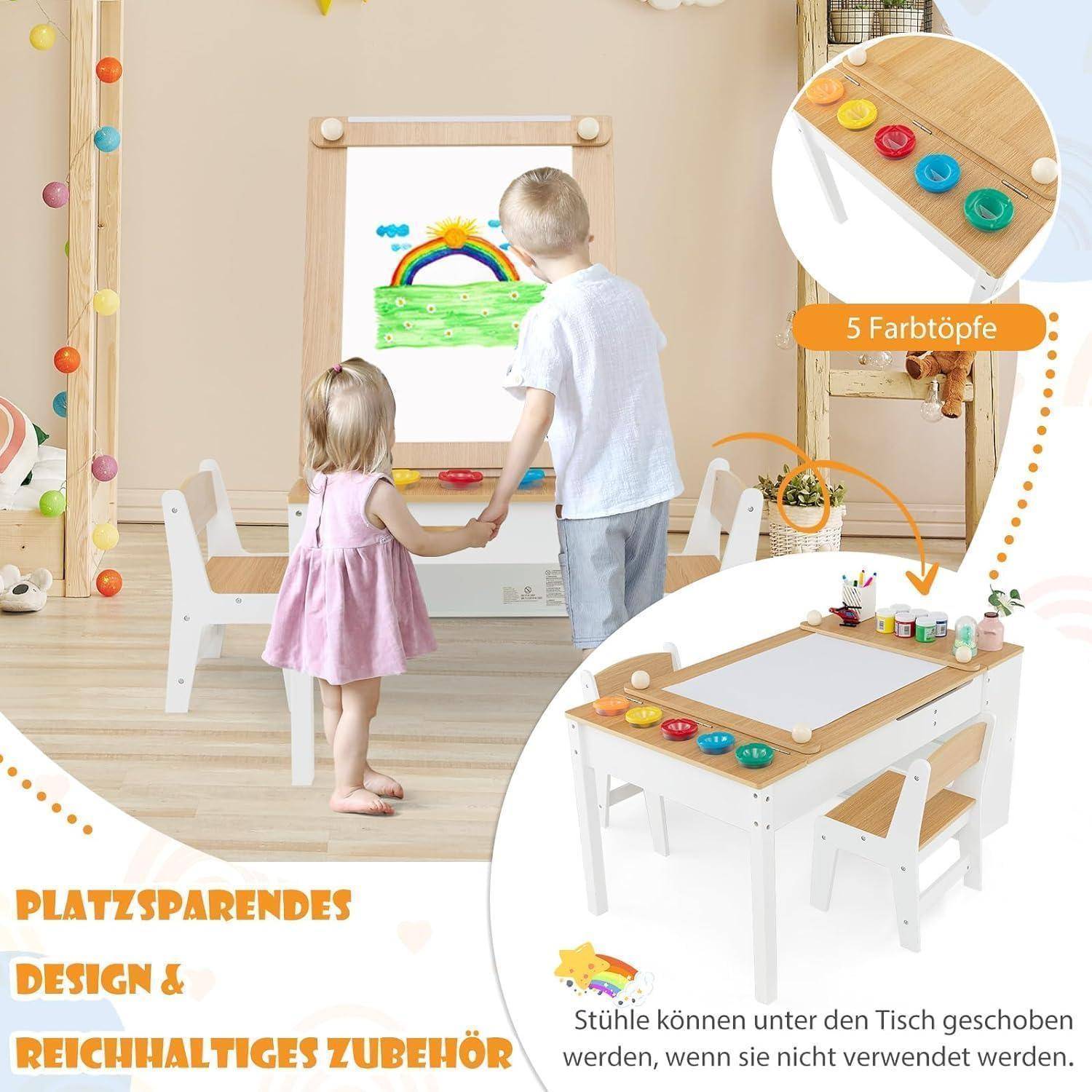 Kindertisch 3in1 2 Stühle Holz Maltisch 6 Natur mit 2 Ablagen