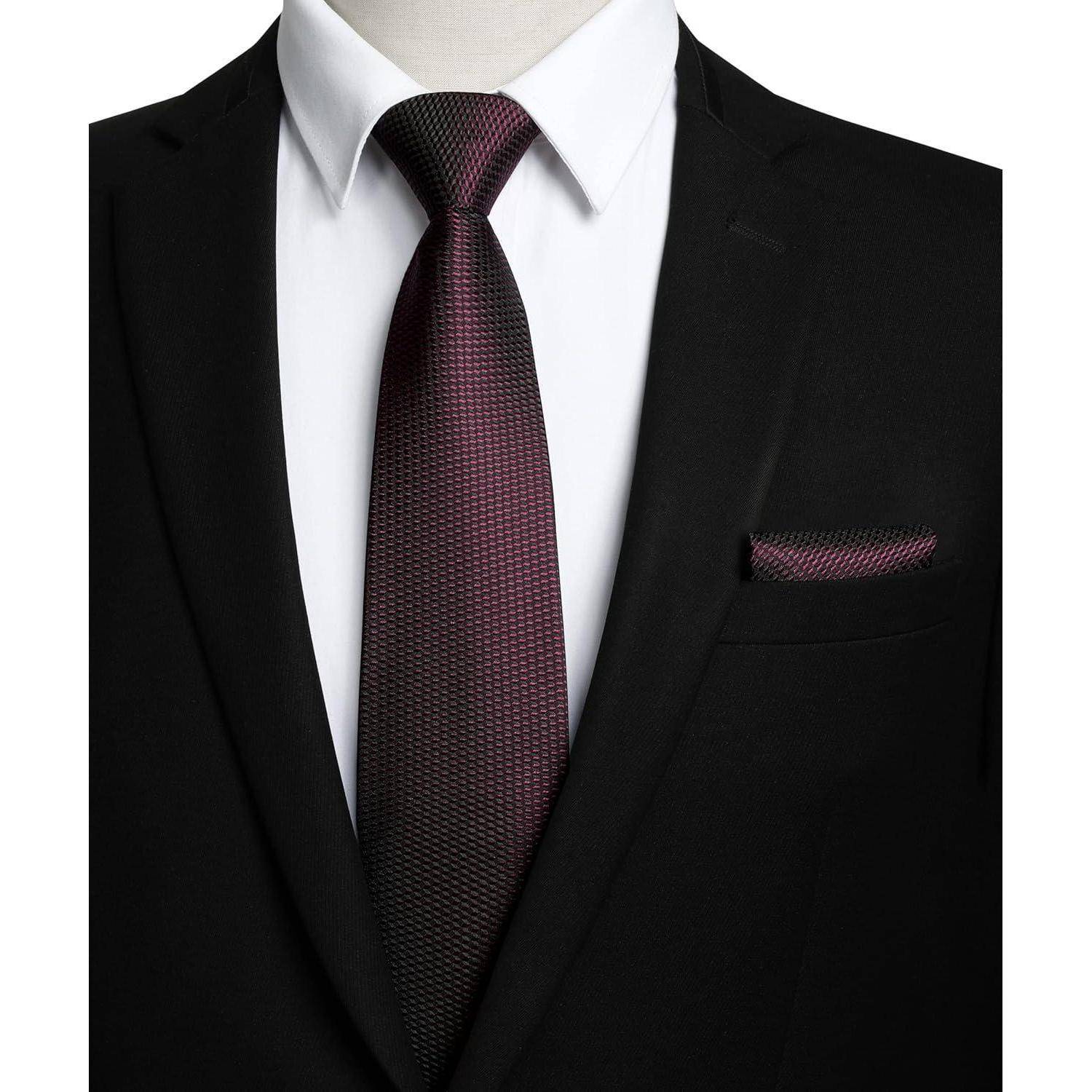 Krawatte Herren einfarbig Einstecktuch Set Hochzeit Burgunder-2