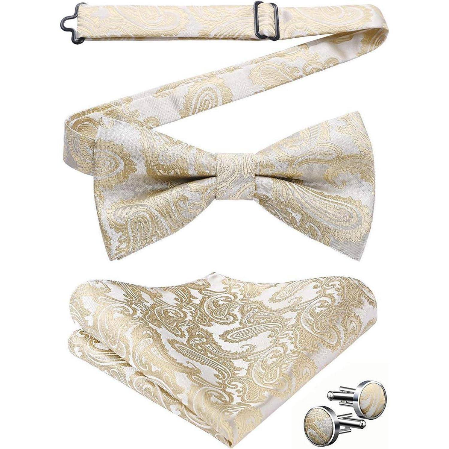Fliege Herren Paisley Einstecktuch Manschettenknopf Set A1 Beige