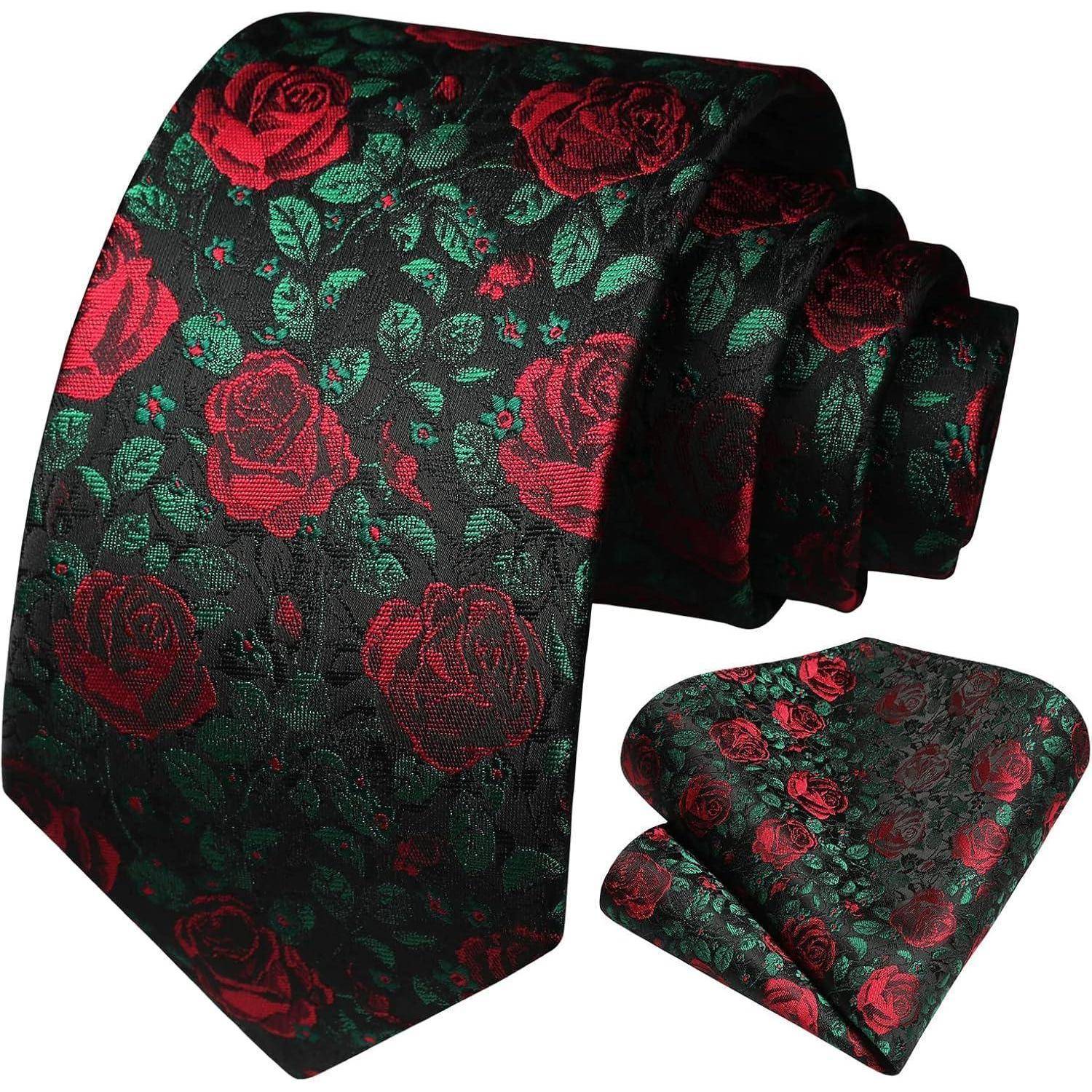 Krawatte Herren Floral Einstecktuch Set Y-schwarz-rose Einheitsgröße