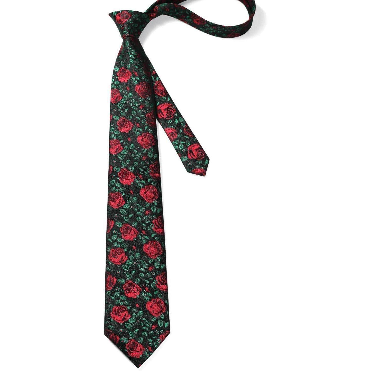 Krawatte Herren Floral Einstecktuch Set Y-schwarz-rose Einheitsgröße