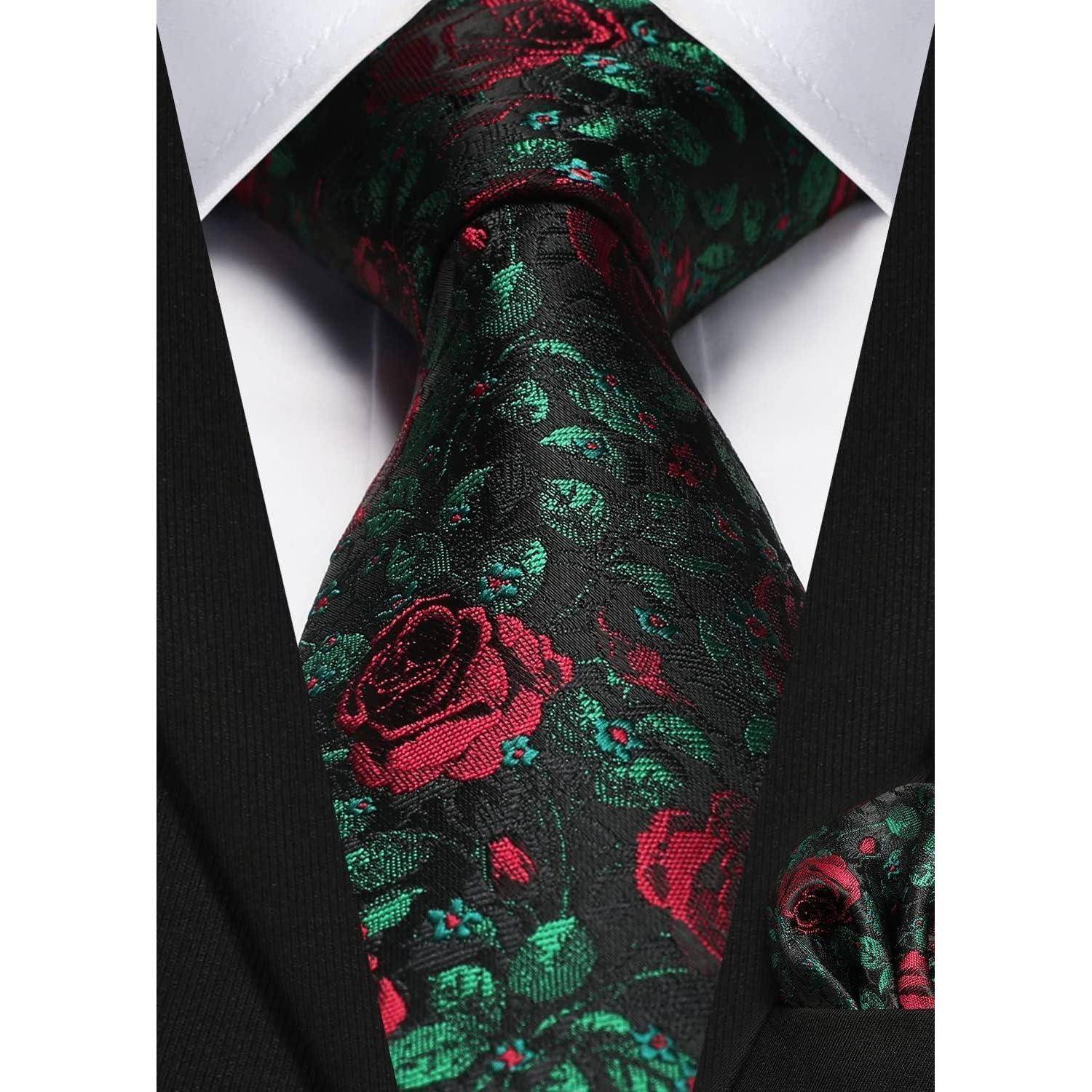 Krawatte Herren Floral Einstecktuch Set Y-schwarz-rose Einheitsgröße