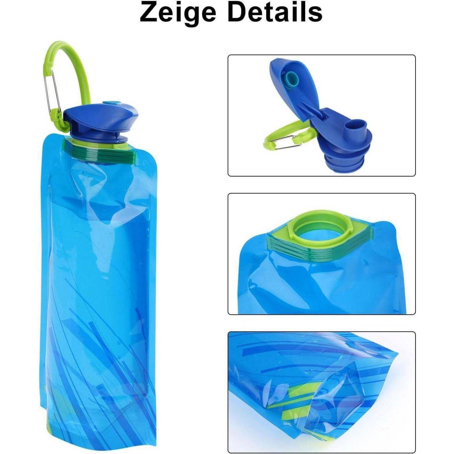 Das Bild 'Details anzeigen' zeigt eine blaue zusammenklappbare Wasserflasche mit einem grünen Deckel und einem Karabiner. Einblendungen zeigen den Deckel, den Karabiner und den zusammengefalteten Zustand.