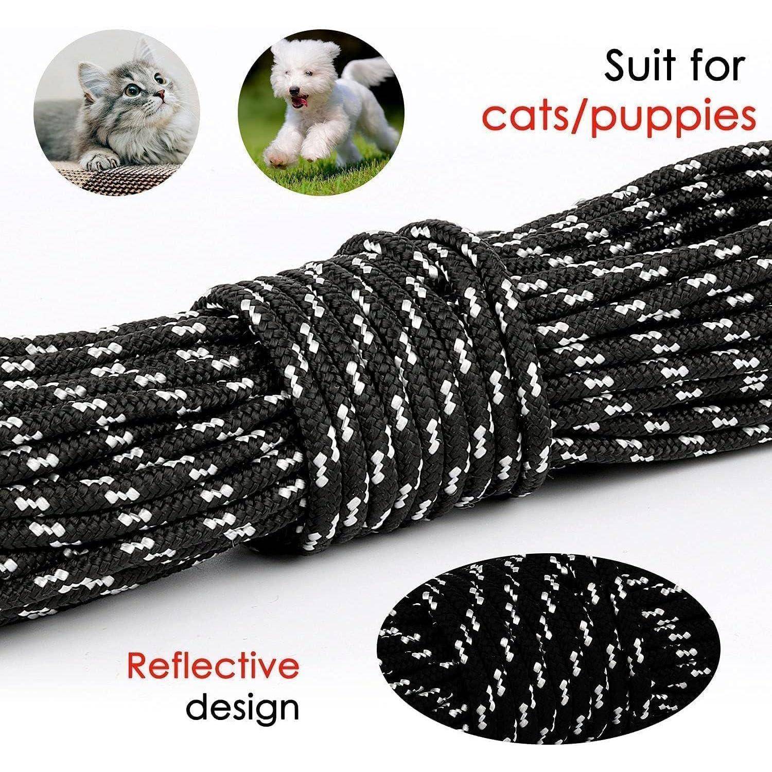 Schwarzes und weißes Seil mit reflektierendem Design, geeignet für Katzen und Welpen. Mit Abbildungen einer Katze und eines Welpen.