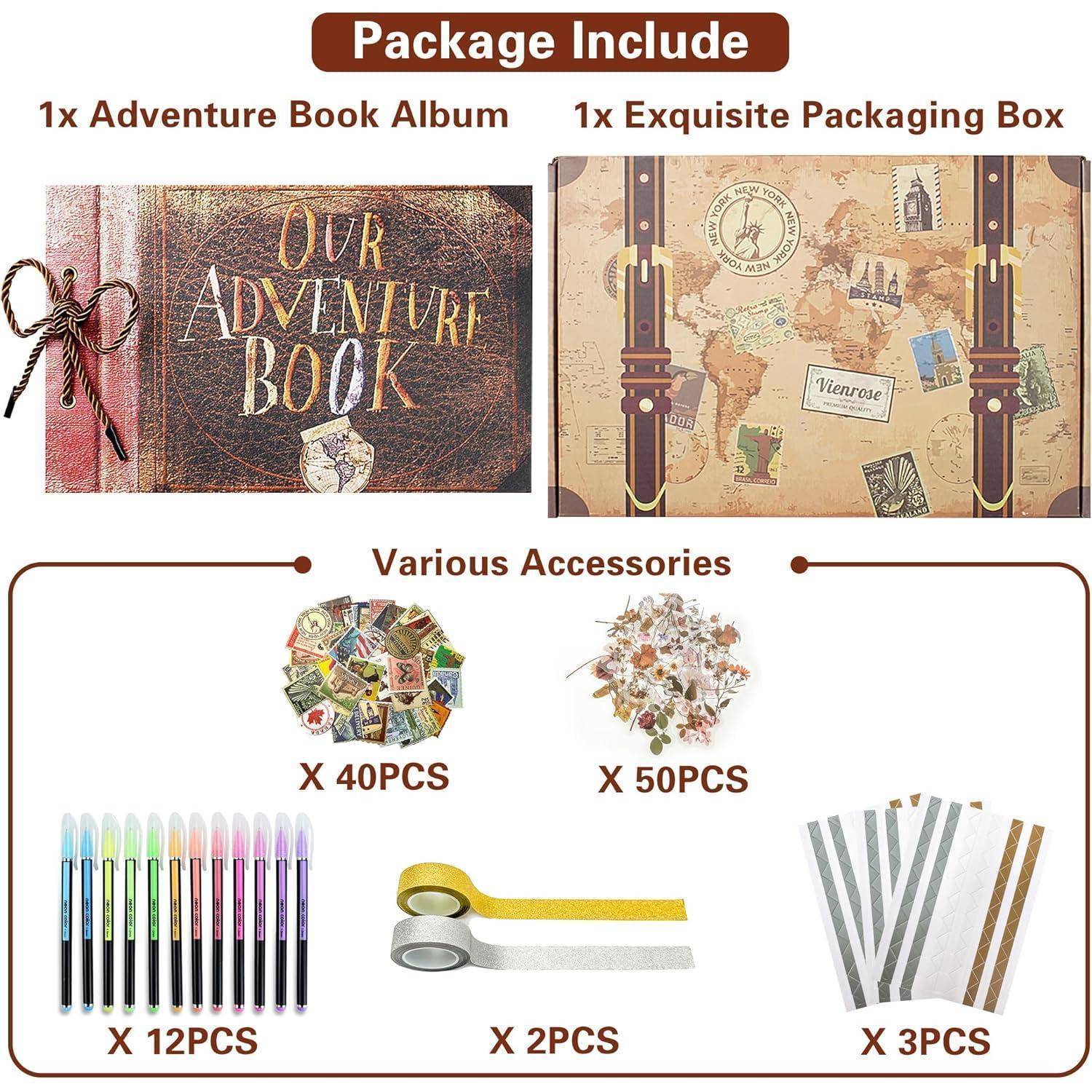 Packungsinhalt' Übersicht: 1 Abenteuer-Fotoalbum, 1 edle Verpackungsbox, 40 Postkarten, 50 Sticker, 12 Stifte, 2 Rollen Washi-Tape, 3 Umschläge.