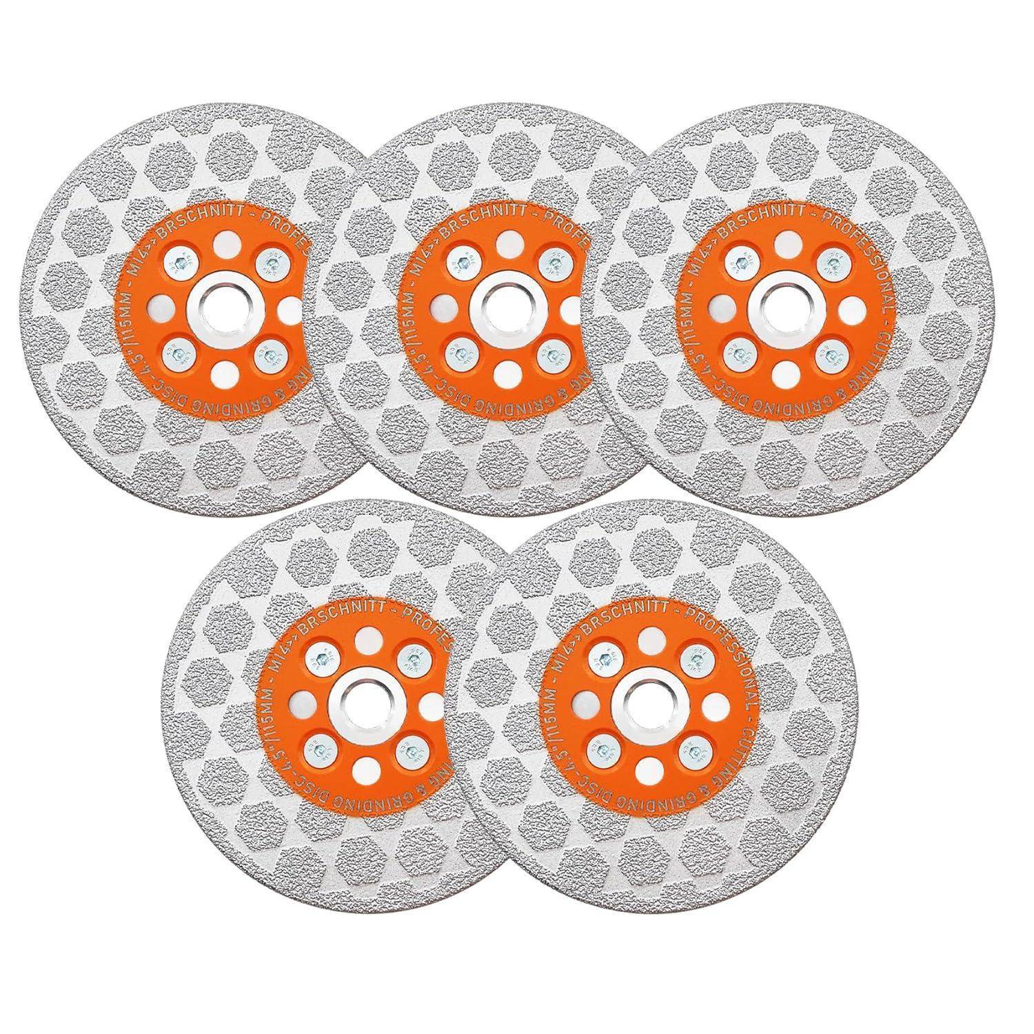 Fünf Diamanttrennscheiben mit orangefarbenen Zentren und gemusterten Kanten, die in einem Halbkreis angeordnet sind. Verwendet zum Schneiden harter Materialien.