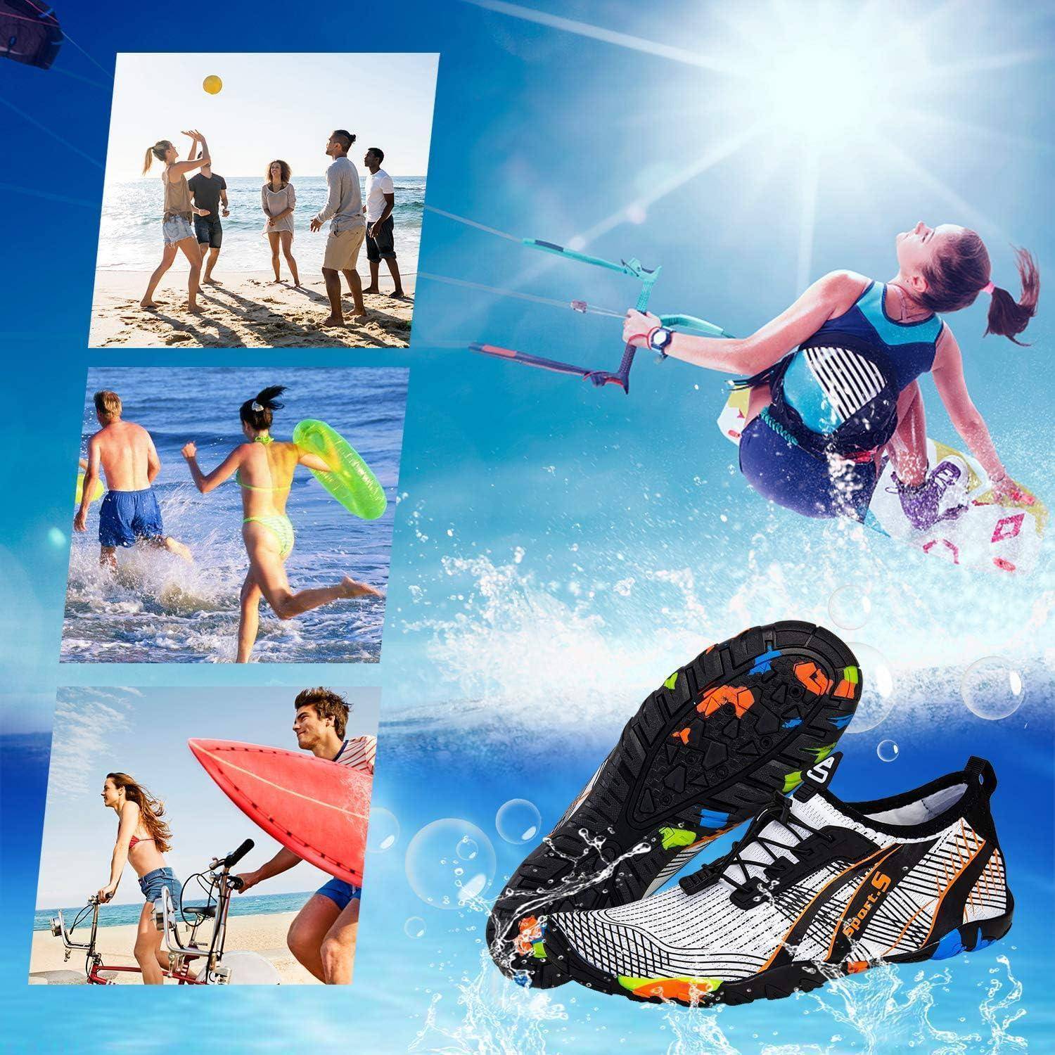 Eine Person beim Kitesurfen auf dem Wasser bei hellem Sonnenlicht. Collage zeigt Menschen, die Beachvolleyball spielen, laufen und Fahrrad fahren. Ein Schuh befindet sich am unteren Rand.