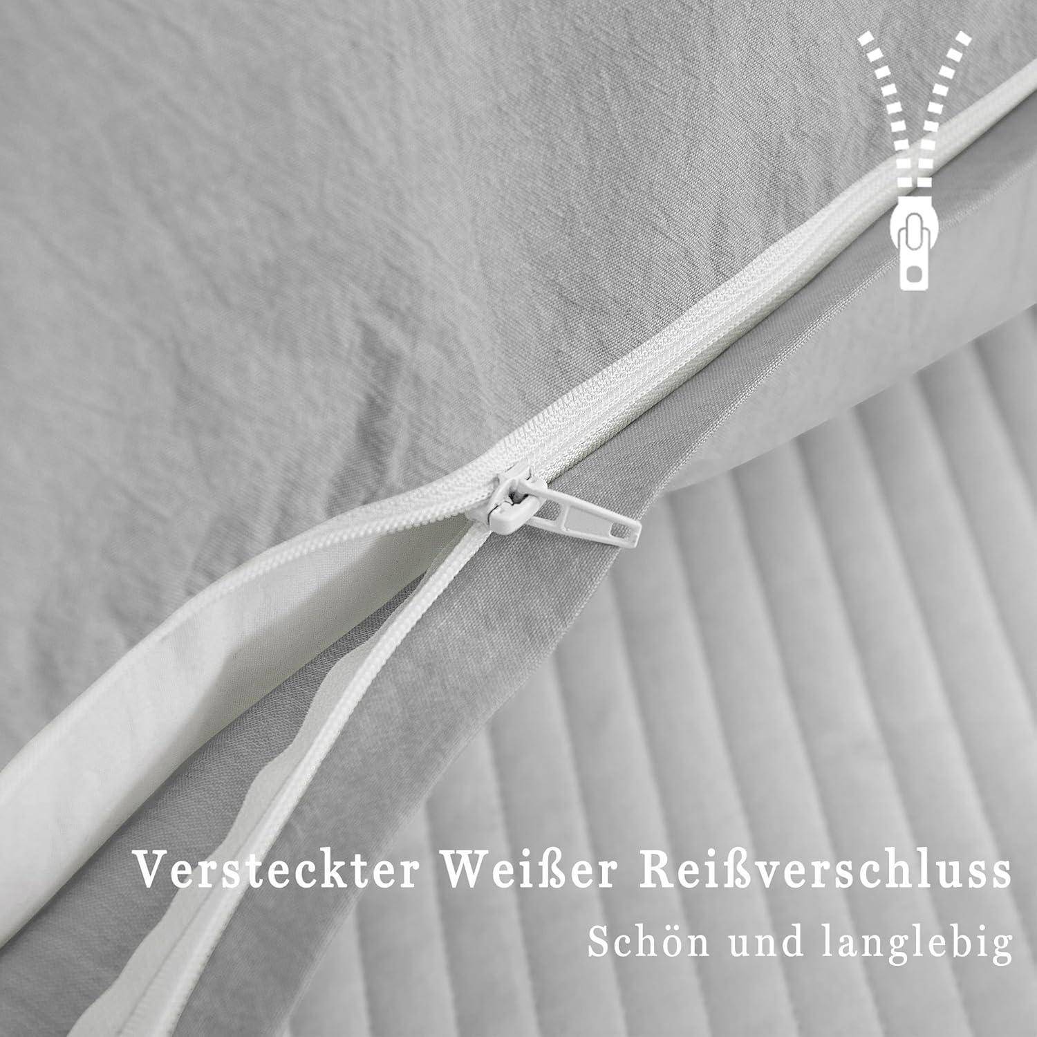 Versteckter Weißer Reißverschluss' (Verborgener weißer Reißverschluss) mit einer Nahaufnahme eines weißen Reißverschlusses auf grauem Stoff, beschrieben als schön und langlebig.