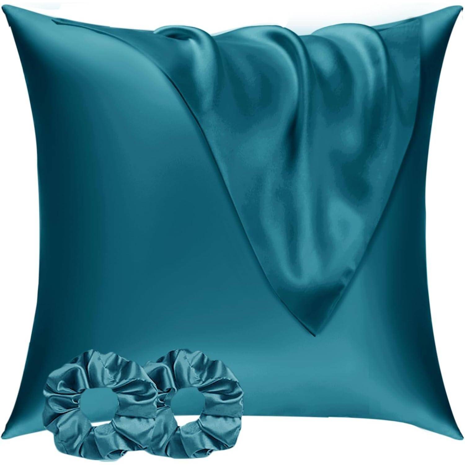 Kissenbezug Satin 80x80 2er Set 2 Haargummis Petrol Blaugrün 80x80cm