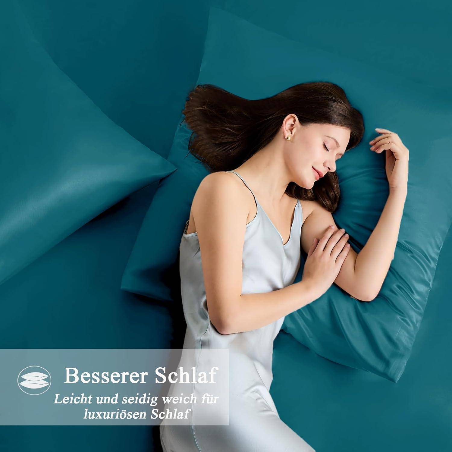 Kissenbezug Satin 80x80 2er Set 2 Haargummis Petrol Blaugrün 80x80cm