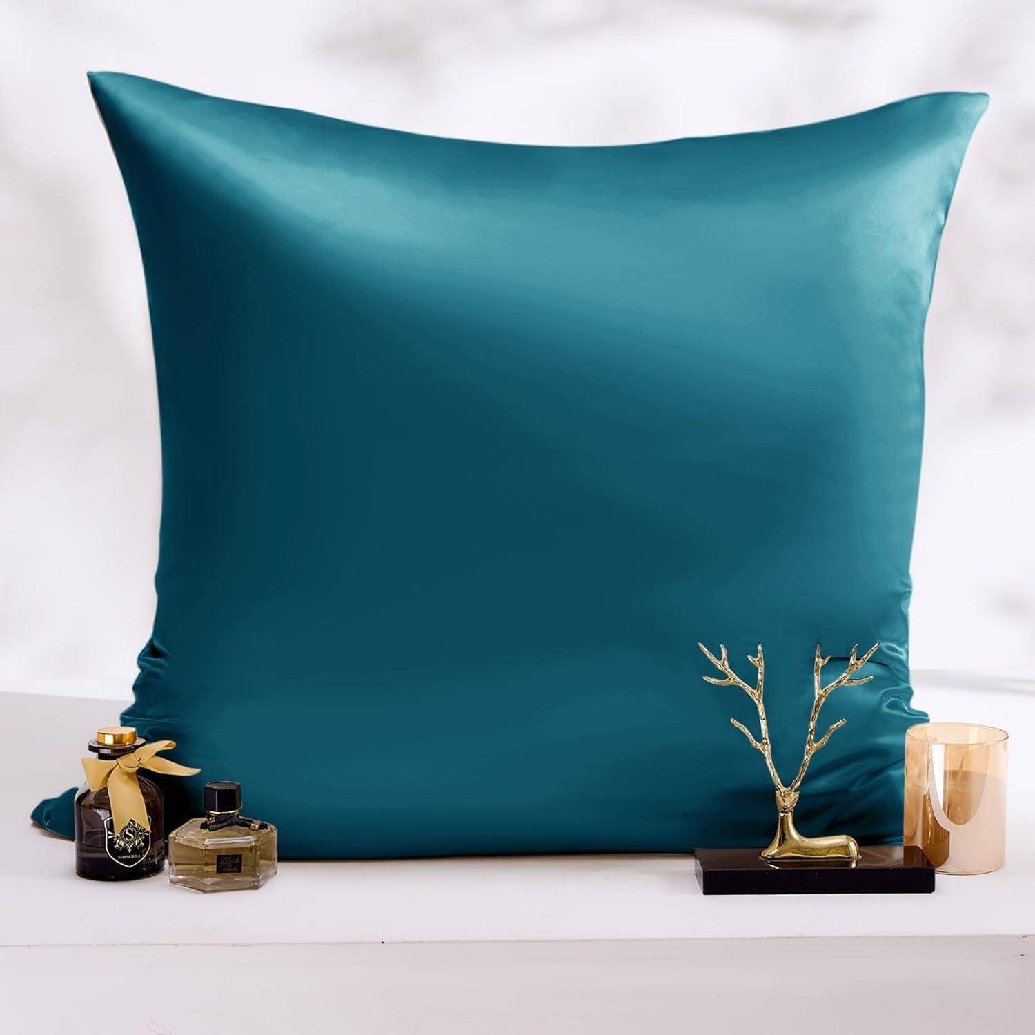 Kissenbezug Satin 80x80 2er Set 2 Haargummis Petrol Blaugrün 80x80cm