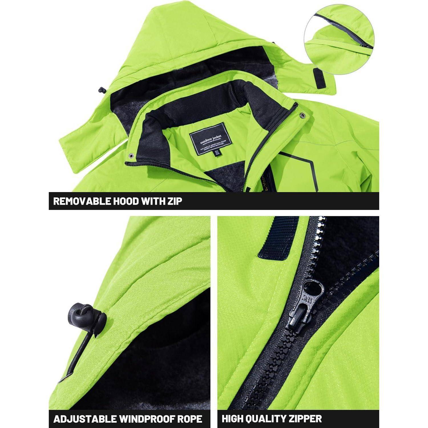 Limegrüne Jacke mit abnehmbarer Kapuze, verstellbarer windabweisender Kordel und hochwertiger Reißverschluss, die ihre Eigenschaften hervorhebt.