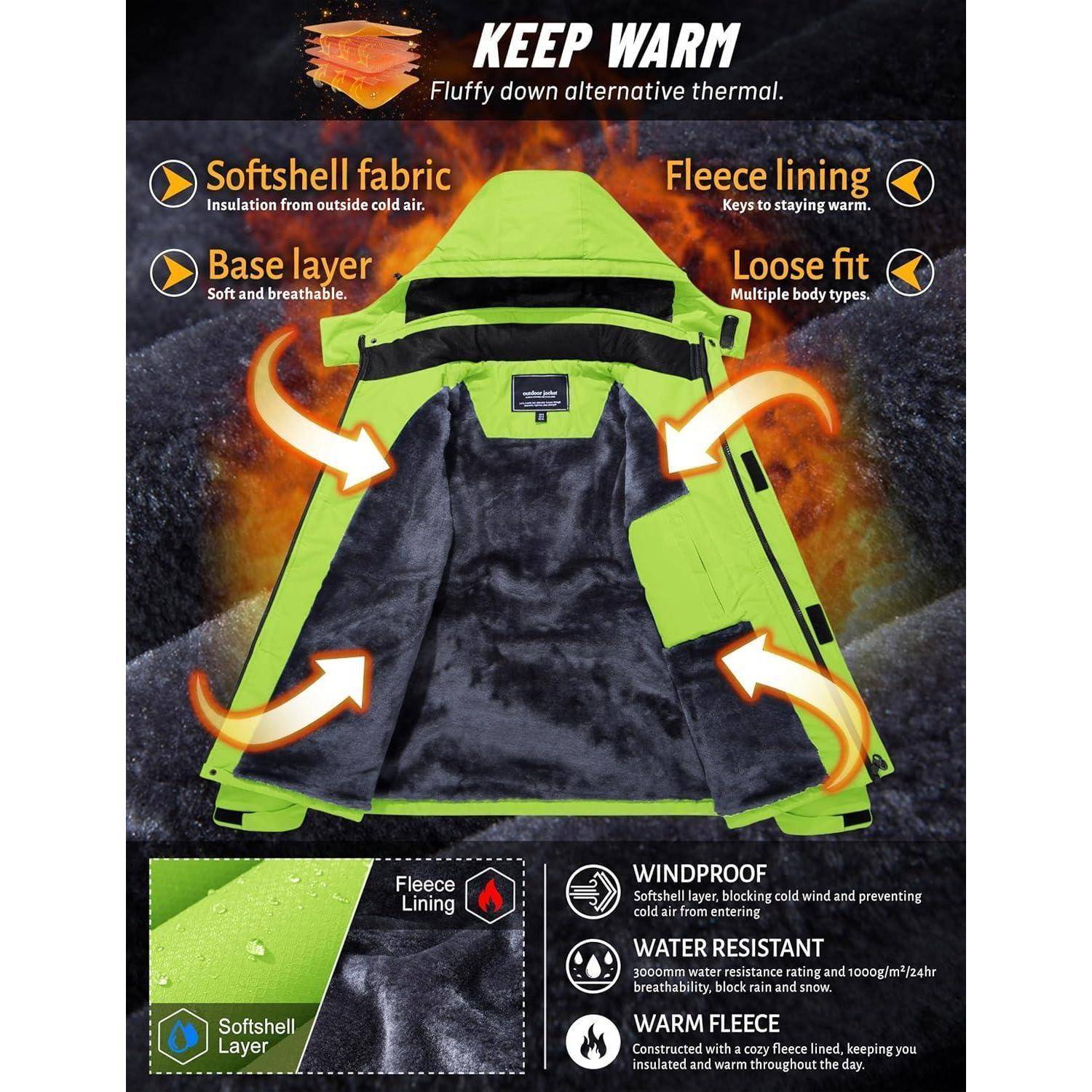 TACVASEN Herren Winter Wasserdichte Winddichte Winterjacke Warme Fleece-Futter Ski Regenmantel mit Kapuze S Neongrün