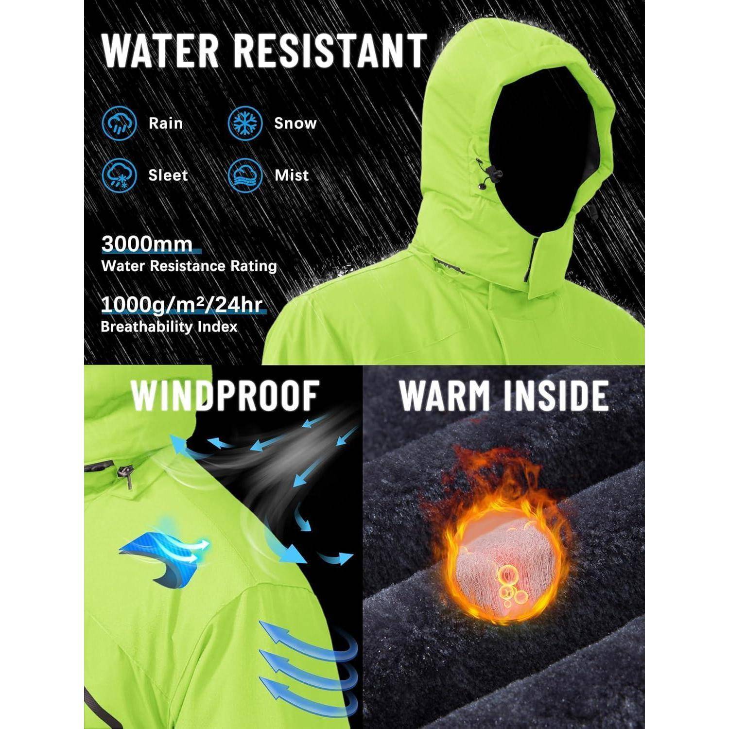 Eine grüne Jacke mit Kapuze, beschriftet mit 'Wasserabweisend', 'Winddicht' und 'Warm Gefüttert'. Symbole zeigen Regen, Schnee, Graupel, Nebel; Bewertungen: 3000mm Wasserbeständigkeit, 1000g/m²/24h Atmungsaktivität.
