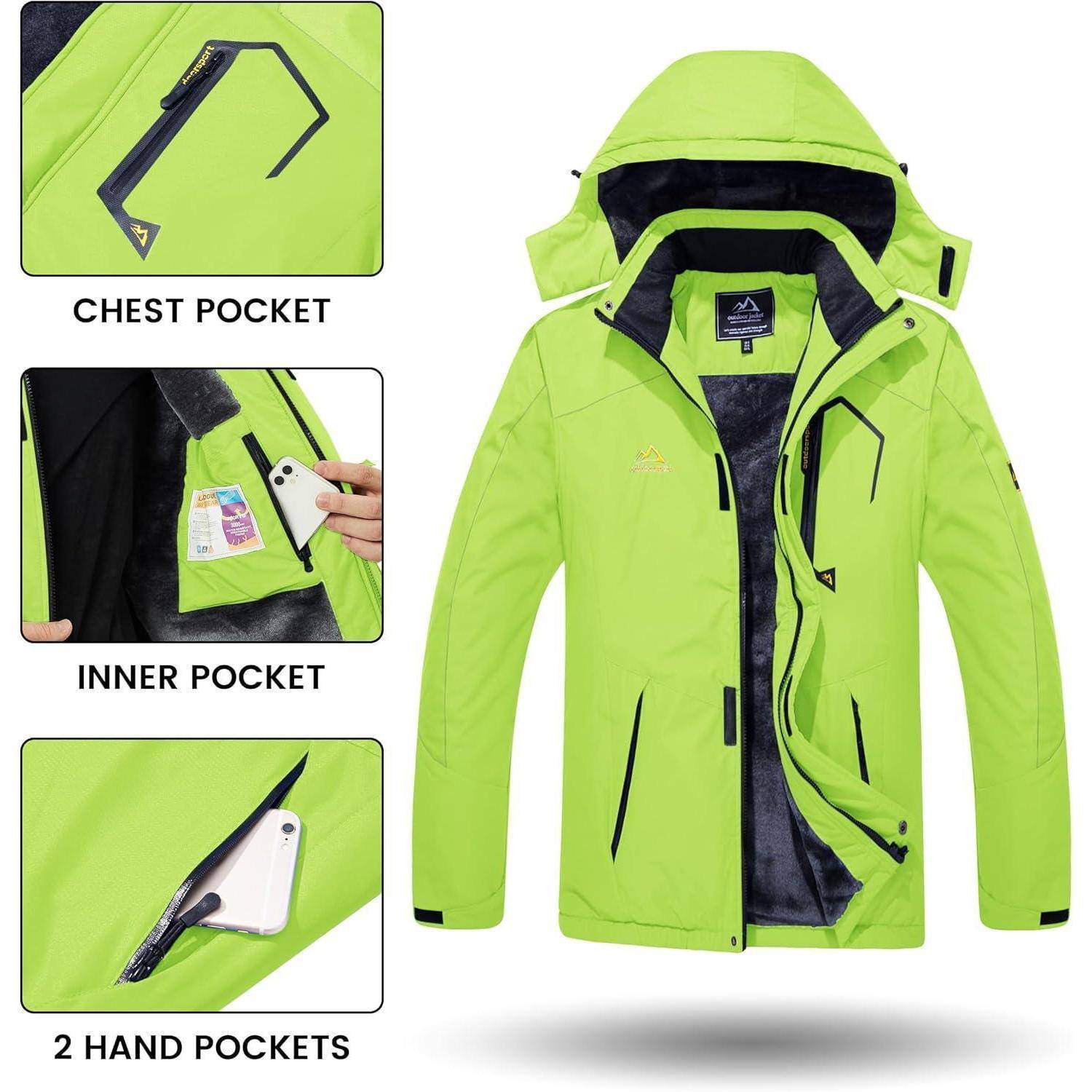 Grüne Jacke mit Kapuze, verschiedene Taschen werden gezeigt. Eingesetzte Bilder heben eine Brusttasche, eine Innentasche und zwei Handtaschen hervor.