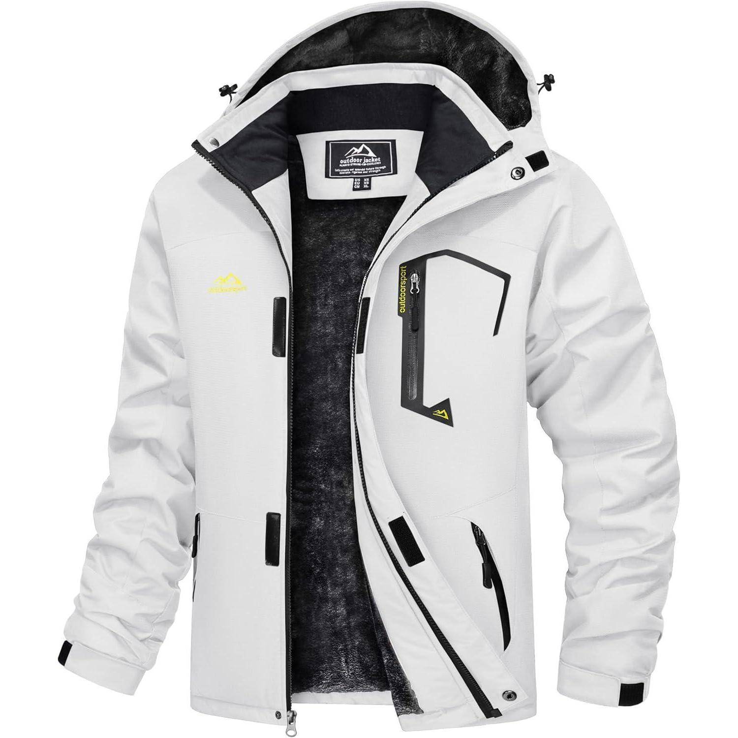 Weiße, wasserdichte Outdoor-Jacke mit abnehmbarer Kapuze, schwarzen Reißverschlüssen und Logo. Entwickelt für kalte Wetterbedingungen und mit Fokus auf Funktionalität.