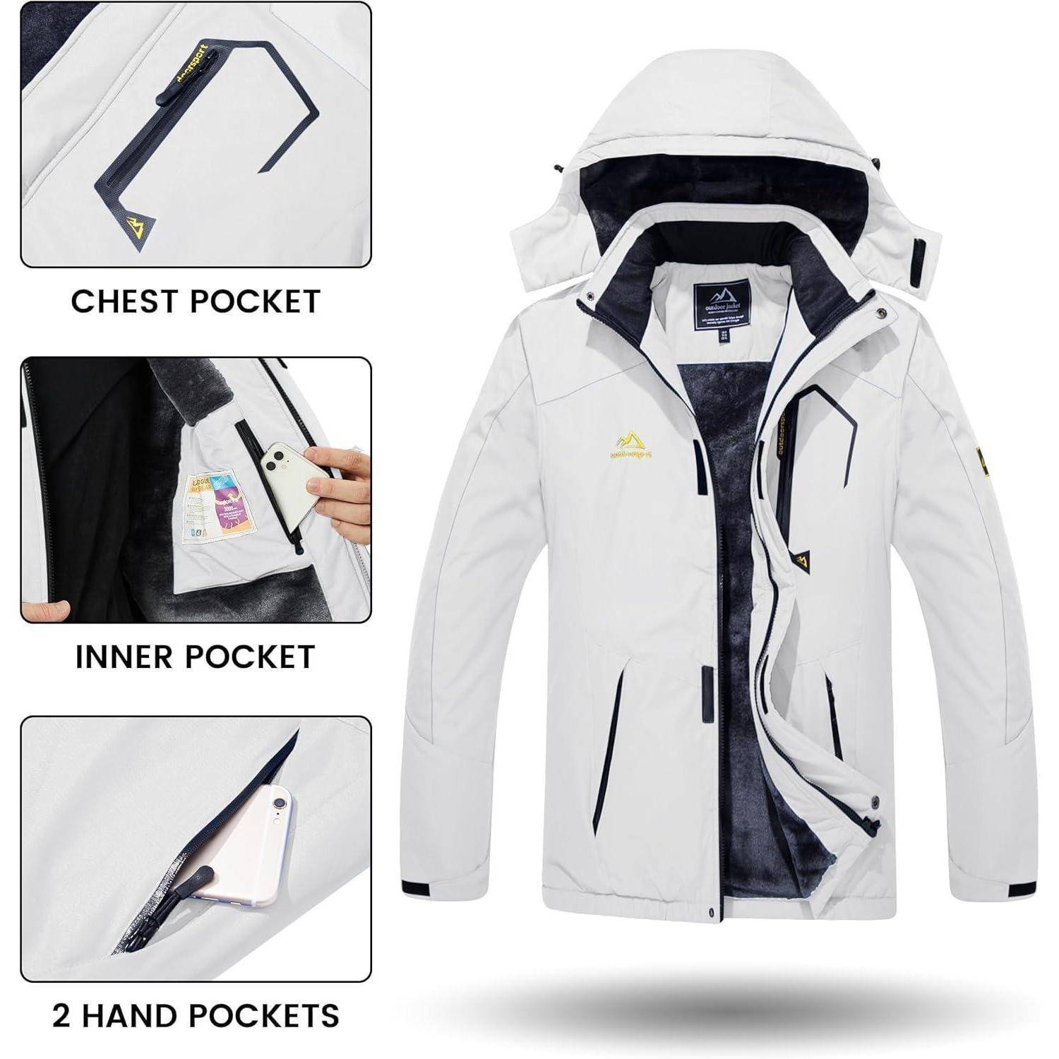 Weiße Jacke mit Kapuze verfügt über eine Brusttasche, Innentasche zum Telefonverstauen und zwei Handtaschen. Geeignet für Outdoor-Aktivitäten.