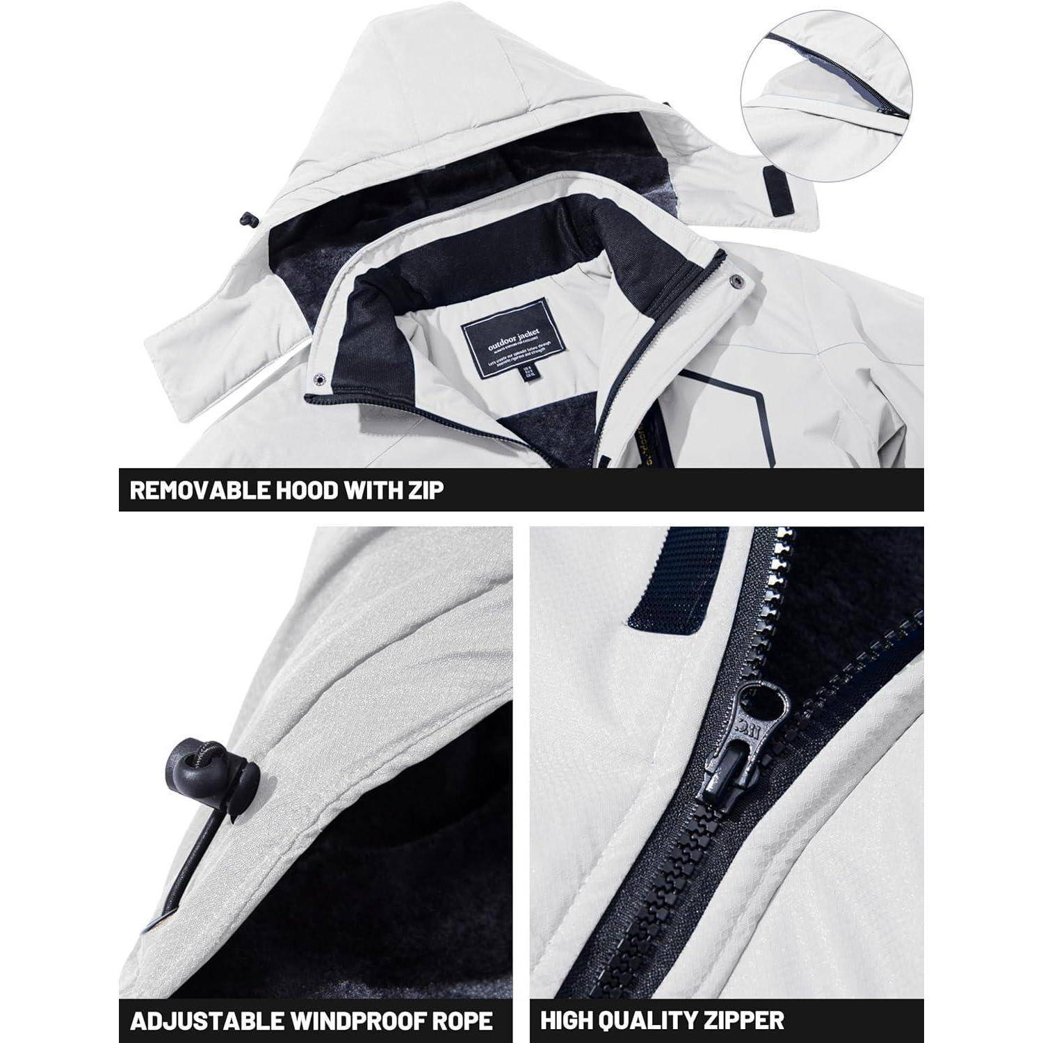 Weiße Jacke mit abnehmbarer Kapuze und Reißverschlussdetails. Detailaufnahmen zeigen den verstellbaren winddichten Kordelstopper und hochwertige Reißverschluss-Merkmale.