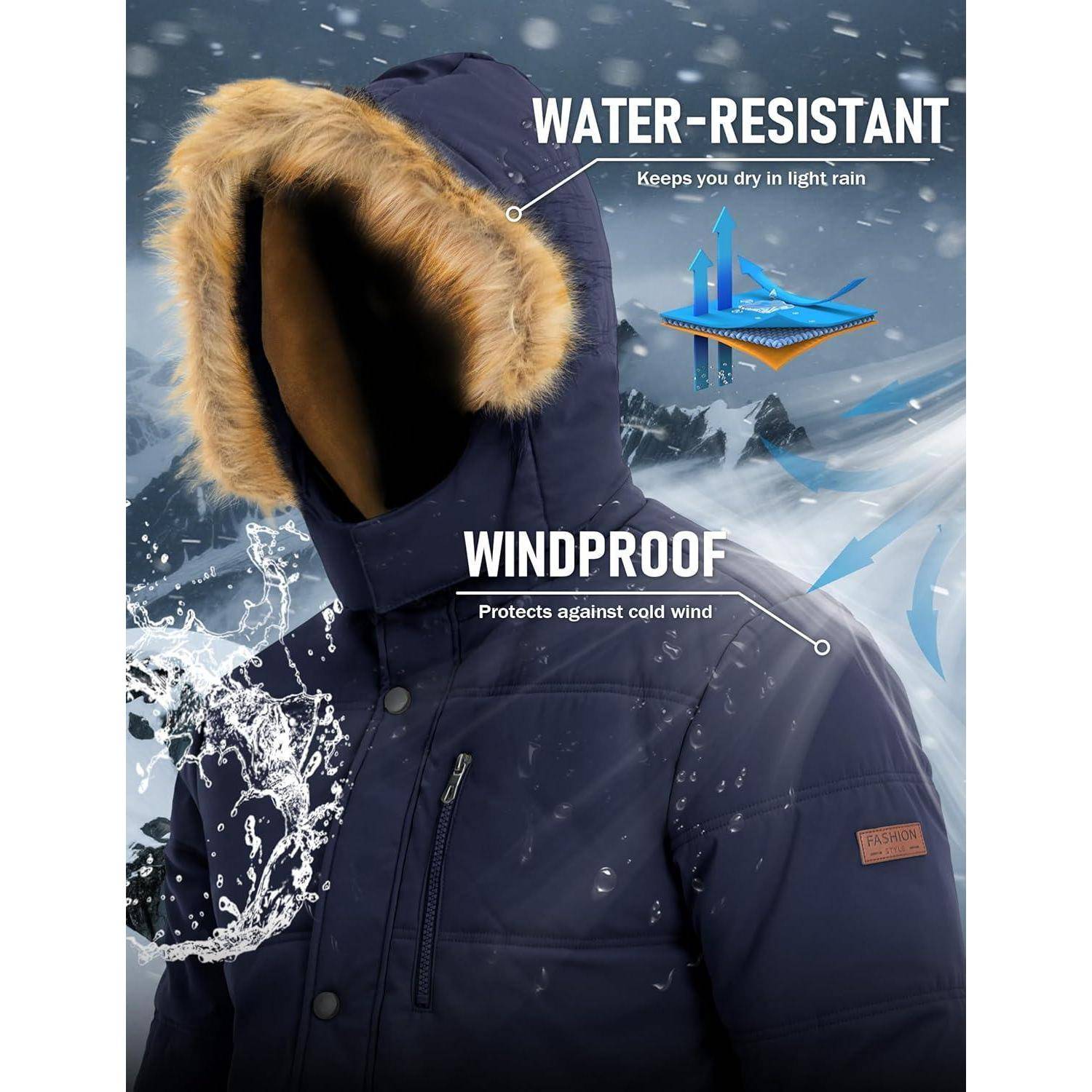 Parka Herren Winter Jacke Winddicht Fleece Kapuze 3XL Dunkelblau