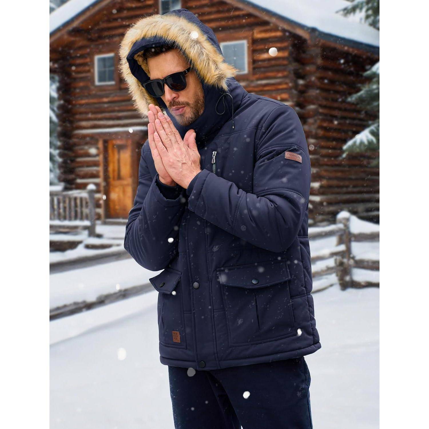 Parka Herren Winter Jacke Winddicht Fleece Kapuze 3XL Dunkelblau