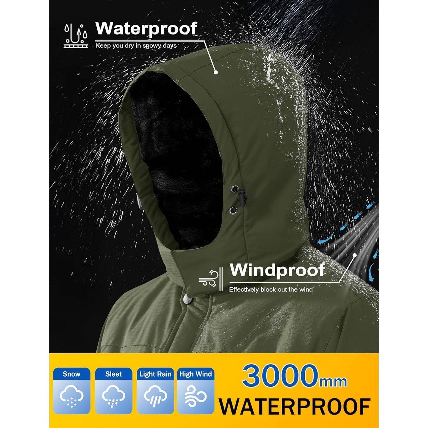 Eine grüne Regenjacke mit Kapuze wird mit Wassertropfen bedeckt und demonstriert ihre wasser- und winddichten Eigenschaften für verschiedene Wetterbedingungen.
