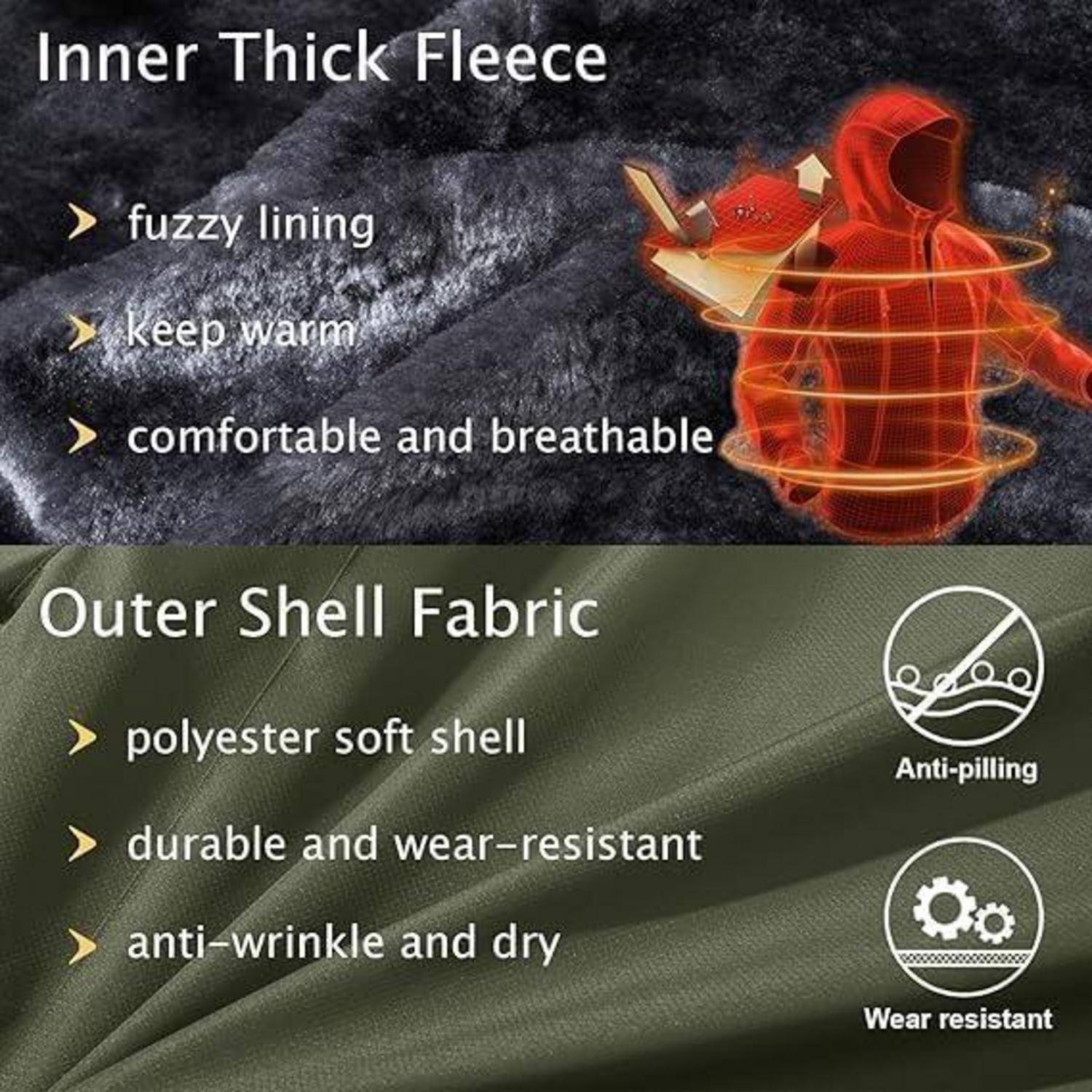 Warme Jacke mit dickem Innenfleece für Wärme und Komfort sowie äußerer Schalfenstoff für Langlebigkeit und Widerstandsfähigkeit gegen Abnutzung und Knitterfalten.