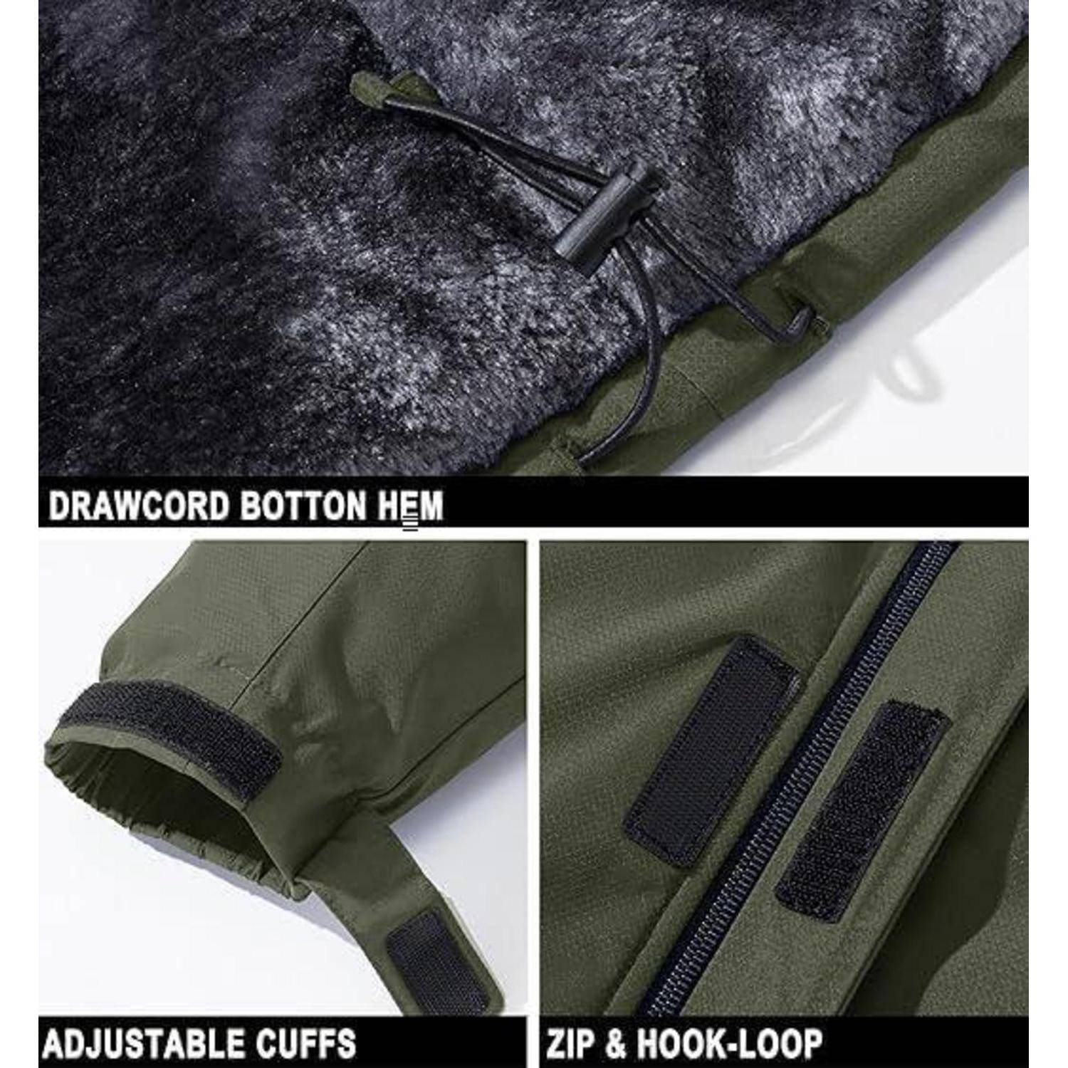 Das Bild zeigt Details einer Jacke mit verstellbarem Kordelzug am unteren Saum, einstellbaren Ärmelbündchen sowie Reißverschluss und Klettverschluss und hebt dessen Eigenschaften hervor.